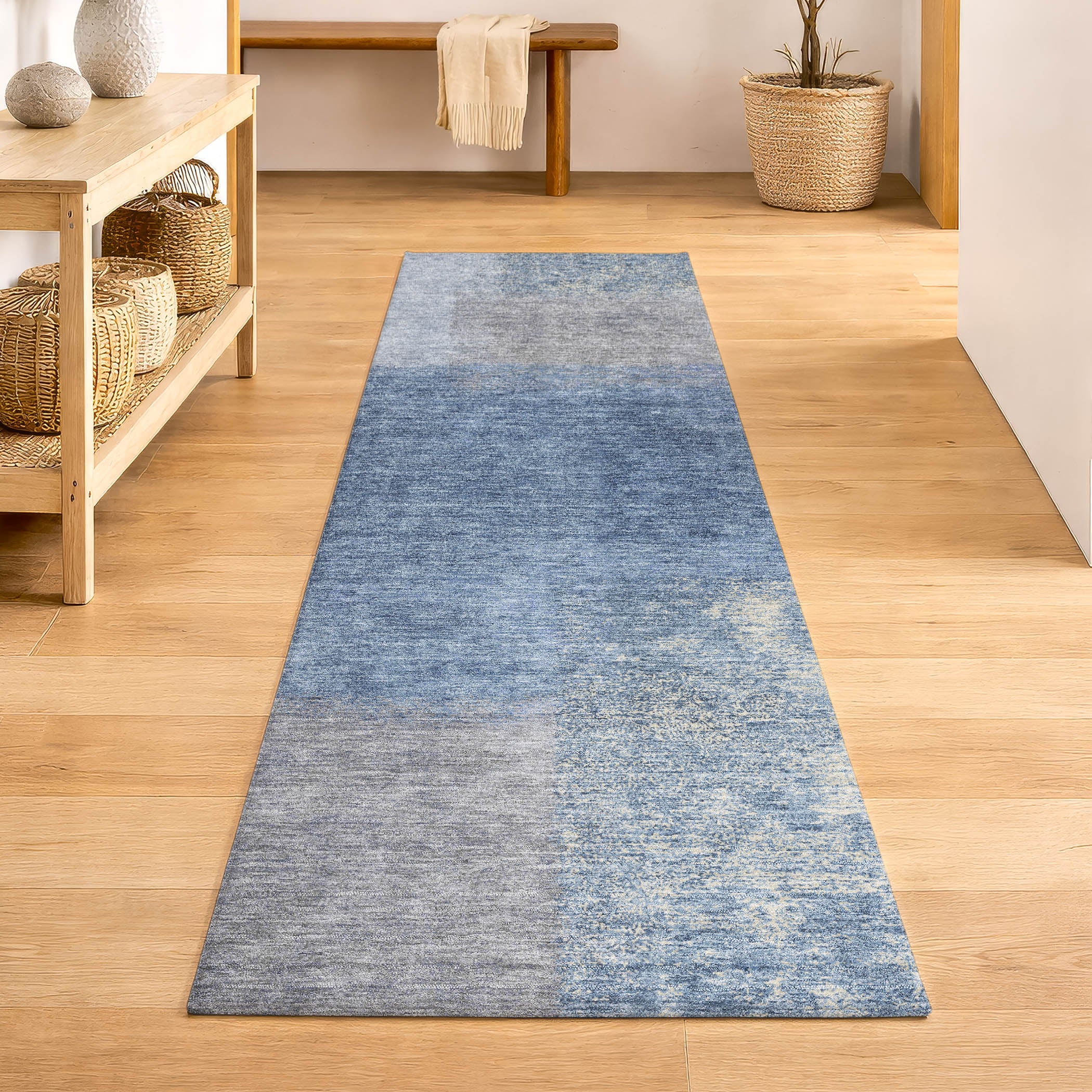 Prague Machine Washable Contemporary Denim Blue Rug 2'3" x 7'6" #shape_Runner