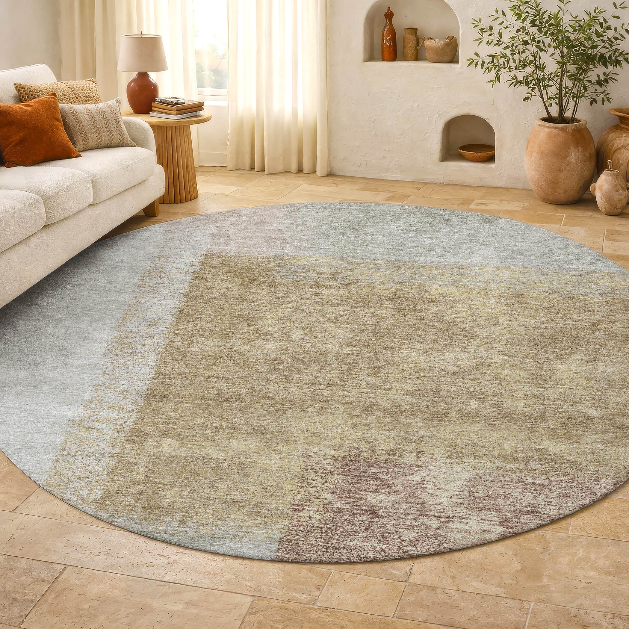 Prague Machine Washable Contemporary Gold Rug 8' x 8' #shape_Round