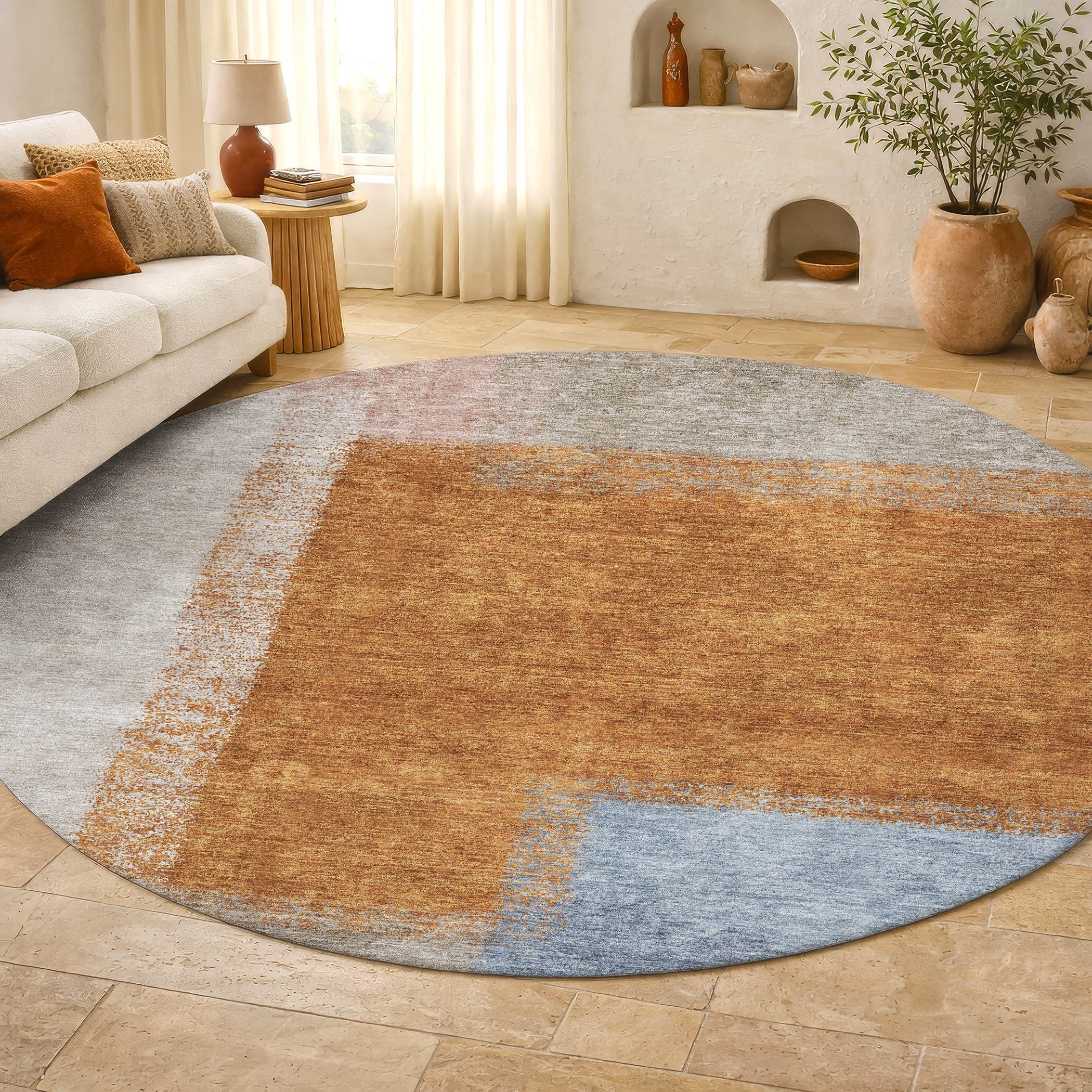 Prague Machine Washable Contemporary Rust Orange Rug 8' x 8' #shape_Round