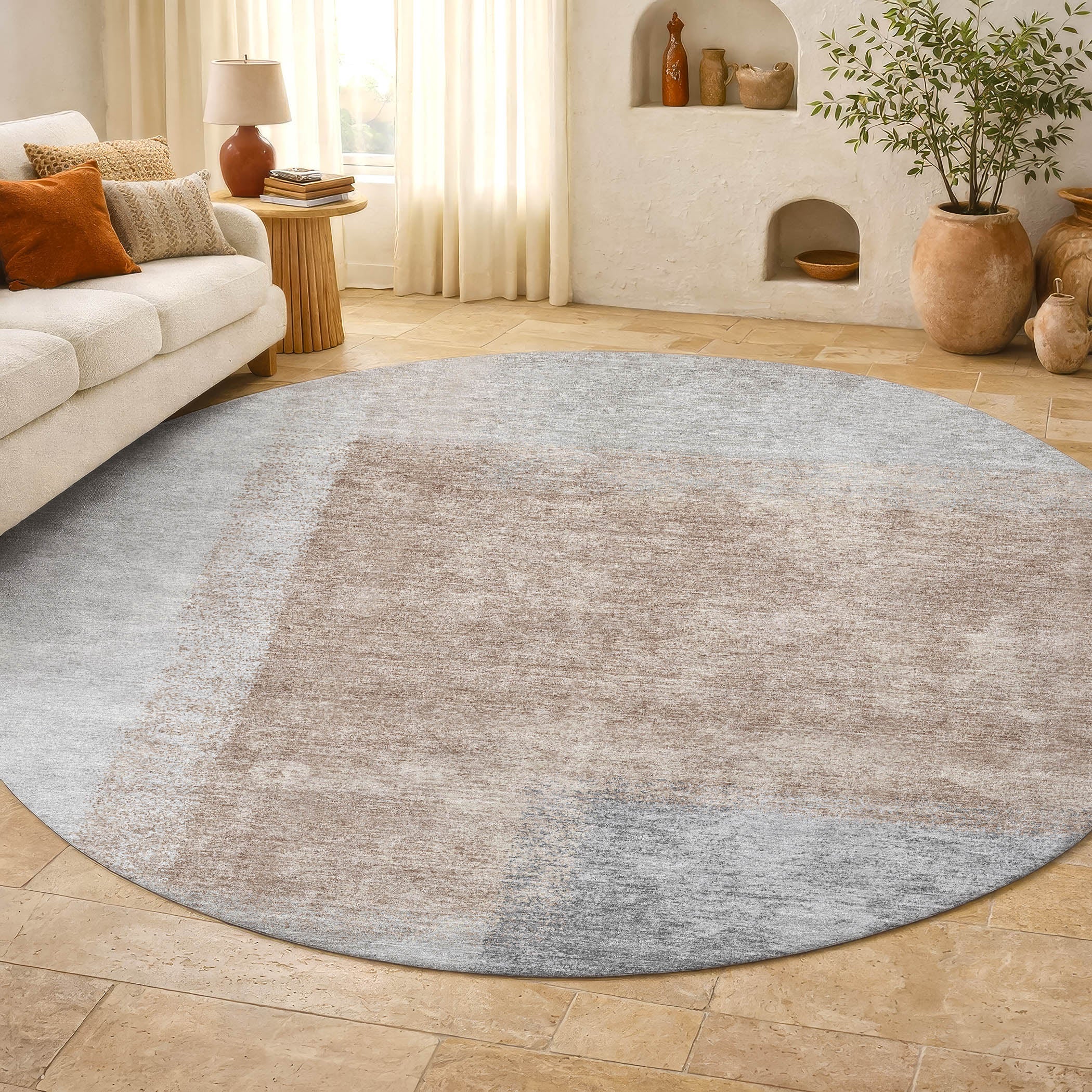 Prague Machine Washable Contemporary Taupe Brown Rug 8' x 8' #shape_Round