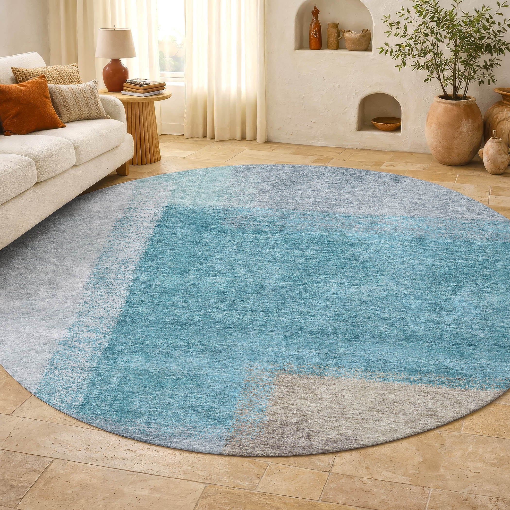 Prague Machine Washable Contemporary Teal Rug 8' x 8' #shape_Round