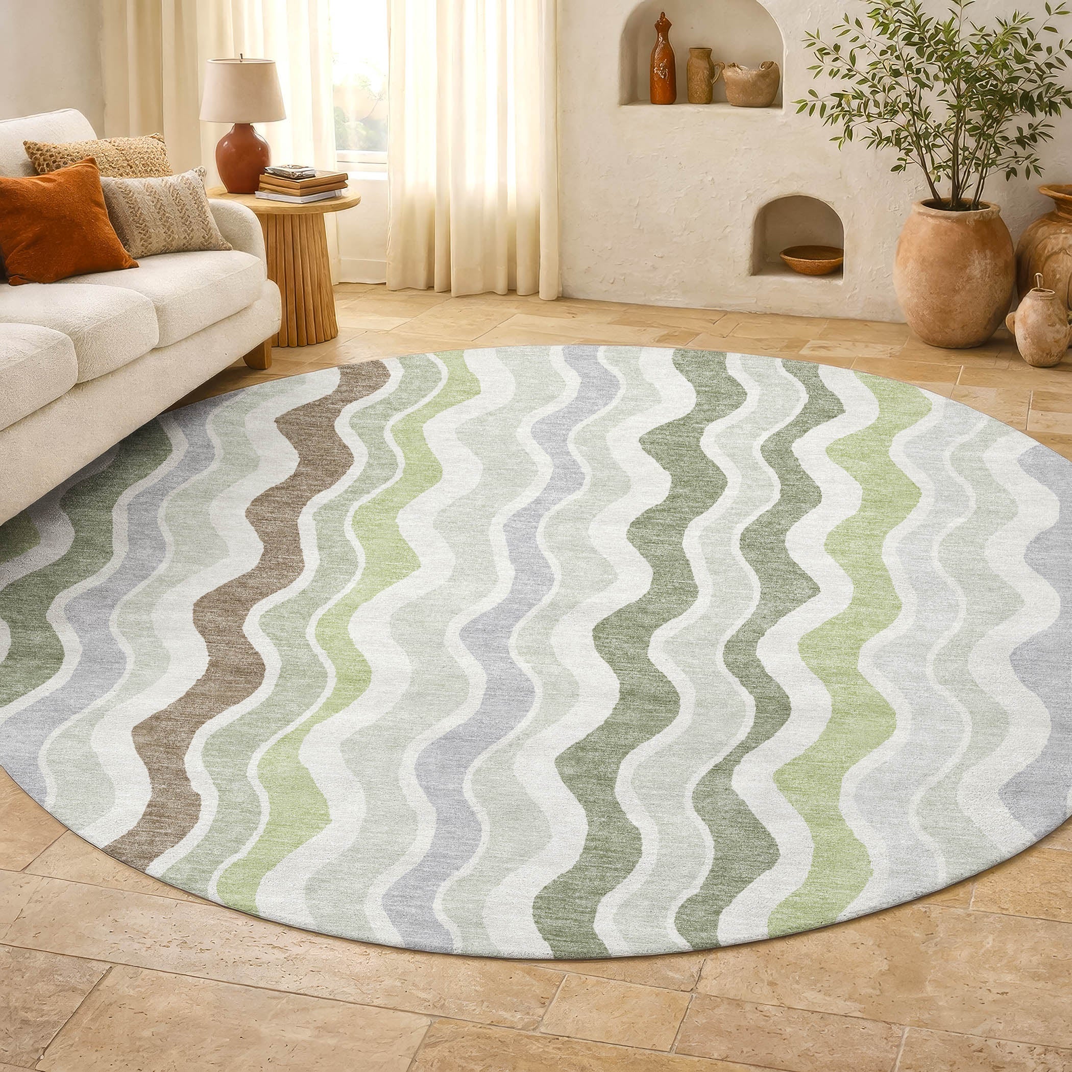 Florence Machine Washable Transitional Aloe Green Rug 8' x 8' #shape_Round