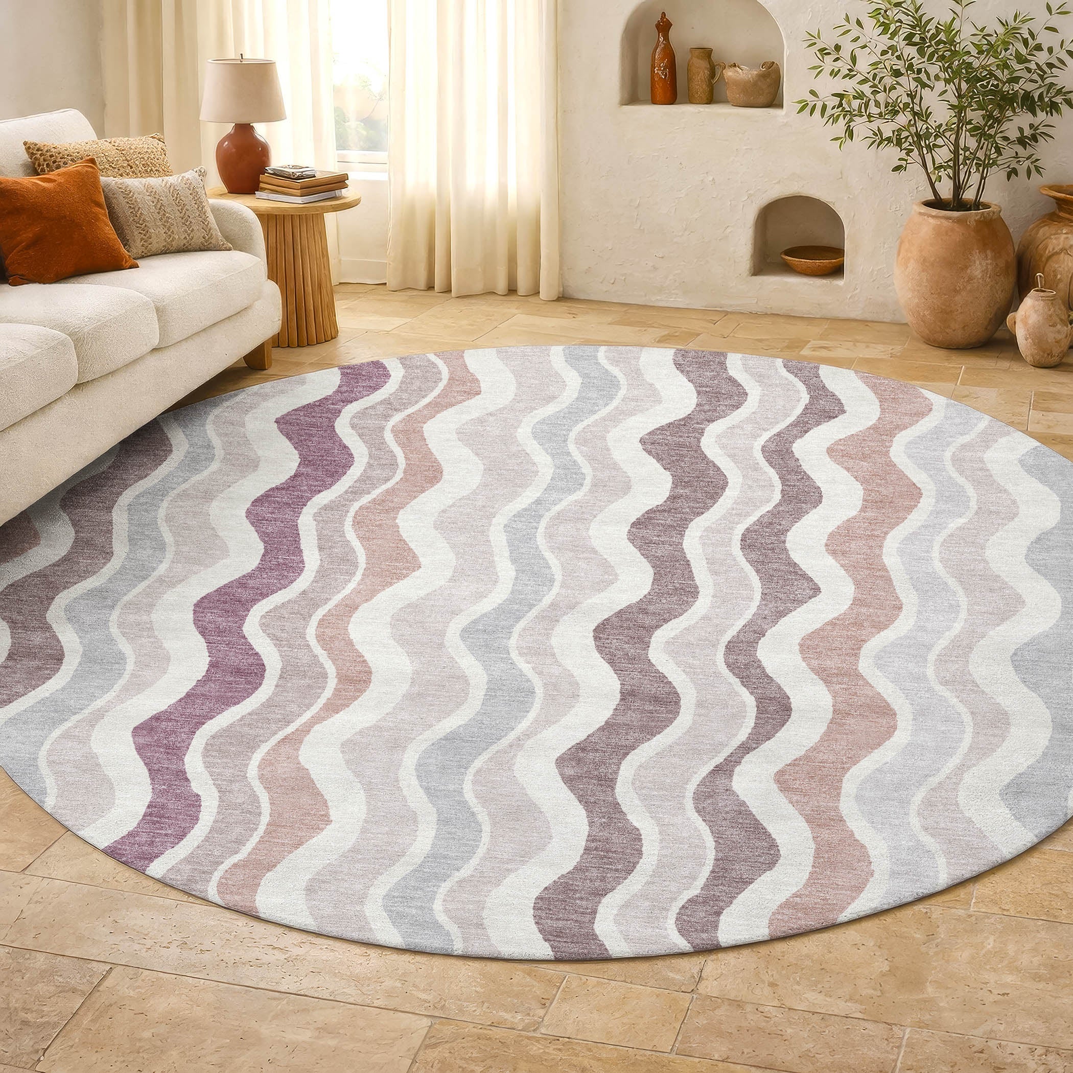 Florence Machine Washable Transitional Blush Pink Rug 8' x 8' #shape_Round