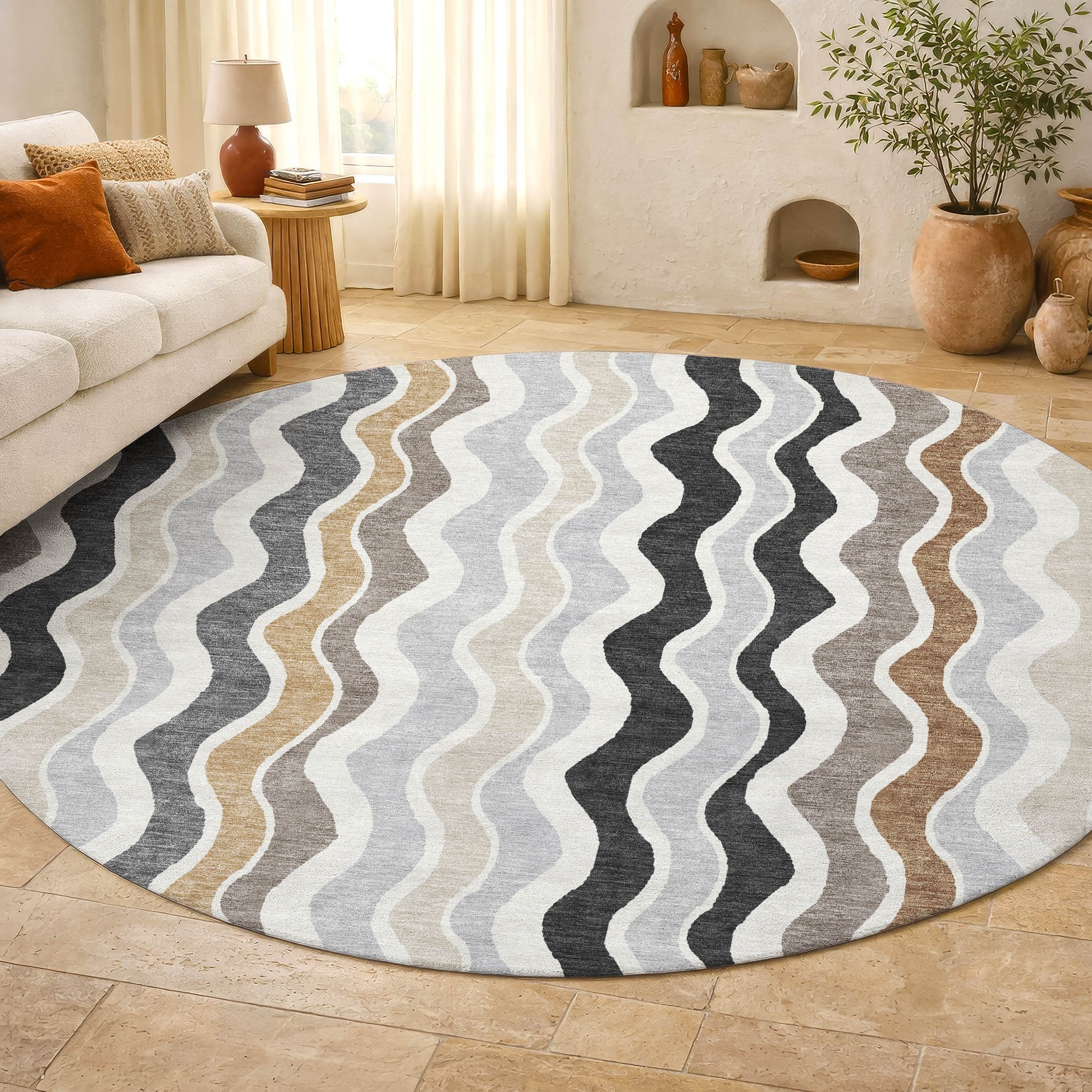 Florence Machine Washable Transitional Charcoal Gray Rug 8' x 8' #shape_Round