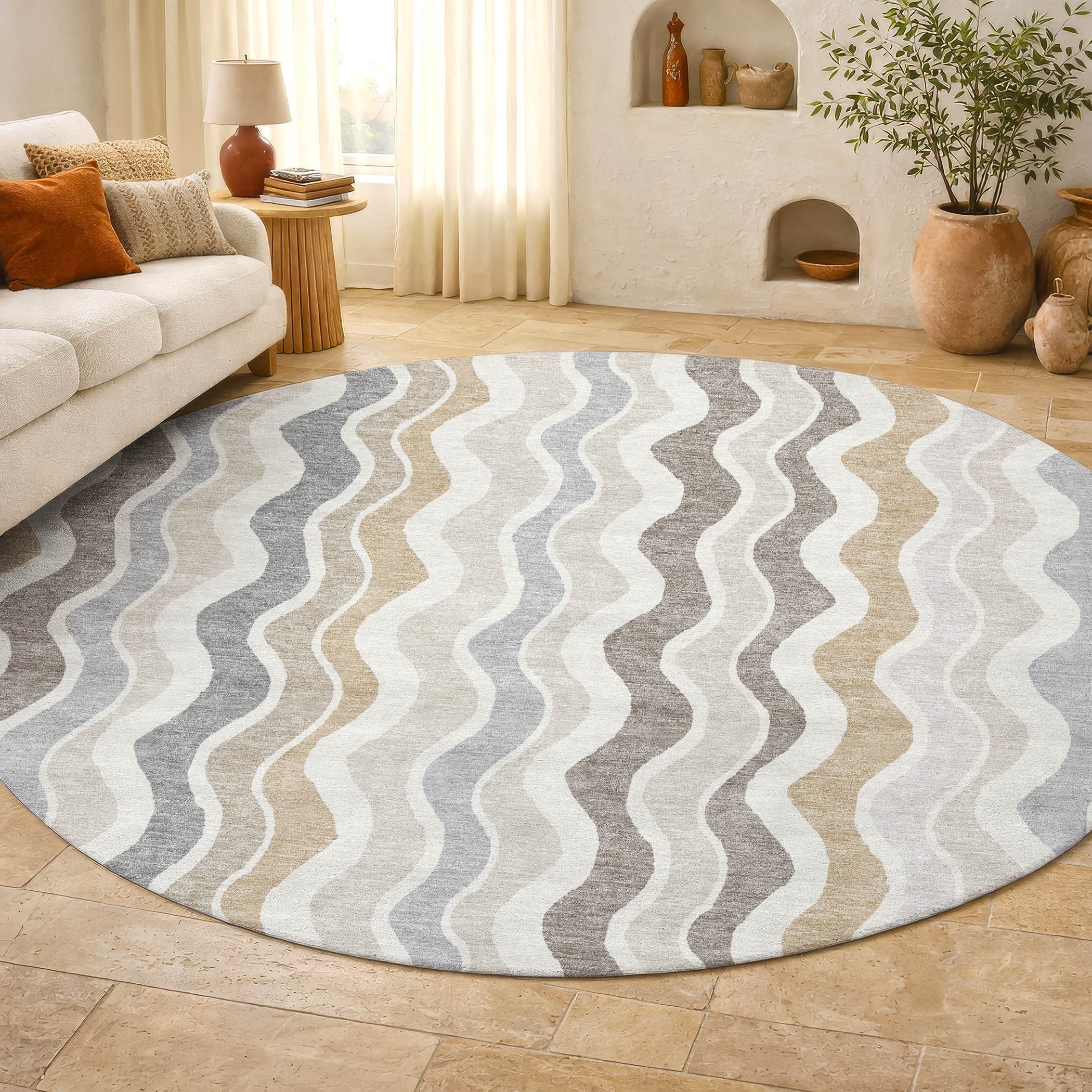 Florence Machine Washable Transitional Ivory Rug 8' x 8' #shape_Round