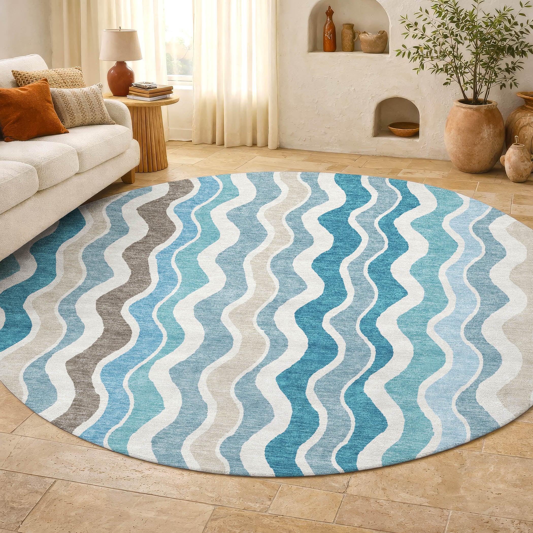 Florence Machine Washable Transitional Teal Rug 8' x 8' #shape_Round