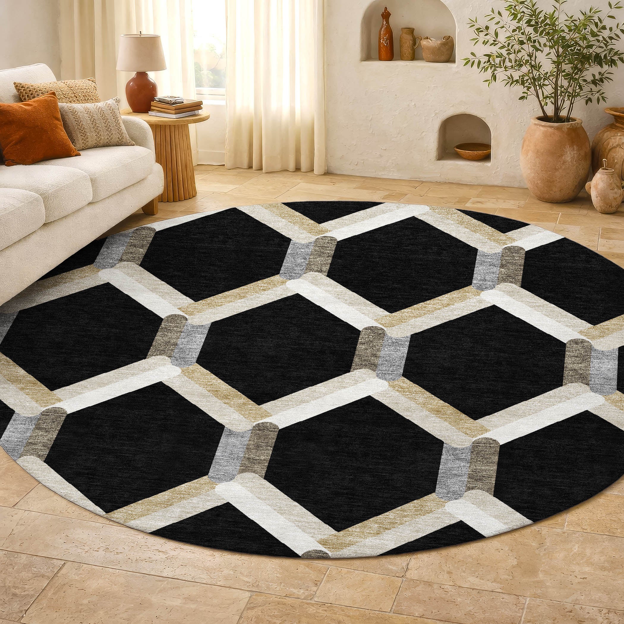 Ghent Machine Washable Transitional Black Rug 8' x 8' #shape_Round