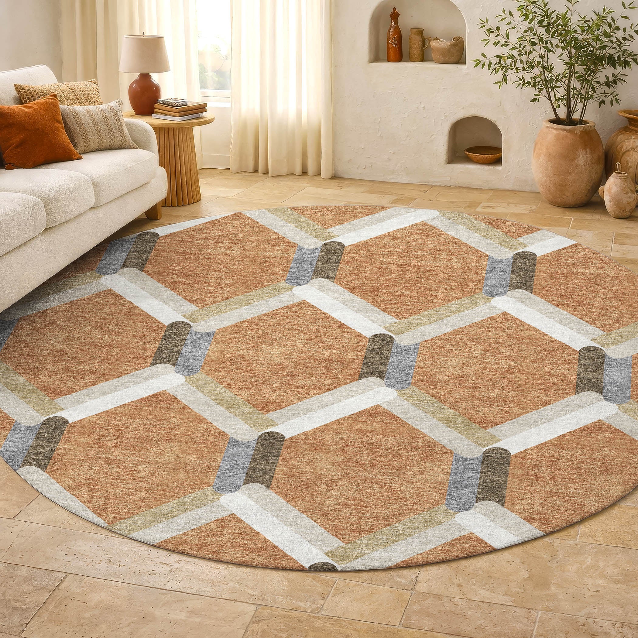 Ghent Machine Washable Transitional Copper Orange Rug 8' x 8' #shape_Round