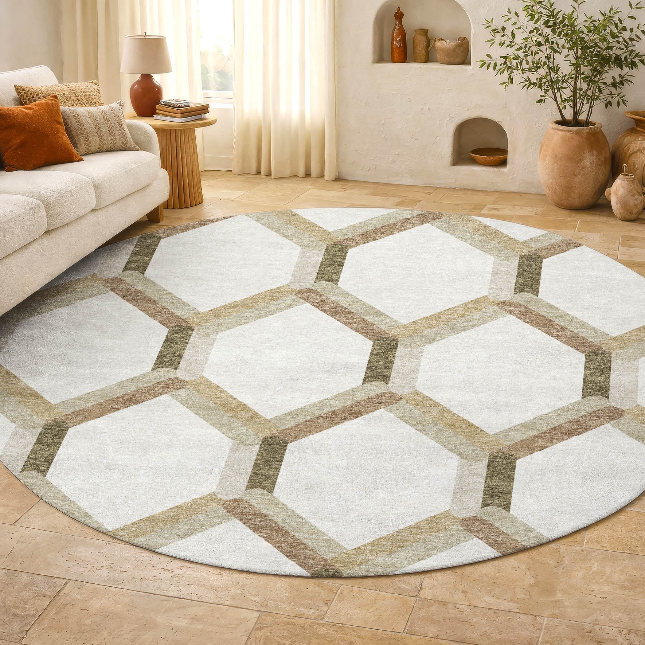 Ghent Machine Washable Transitional Ivory Rug 8' x 8' #shape_Round