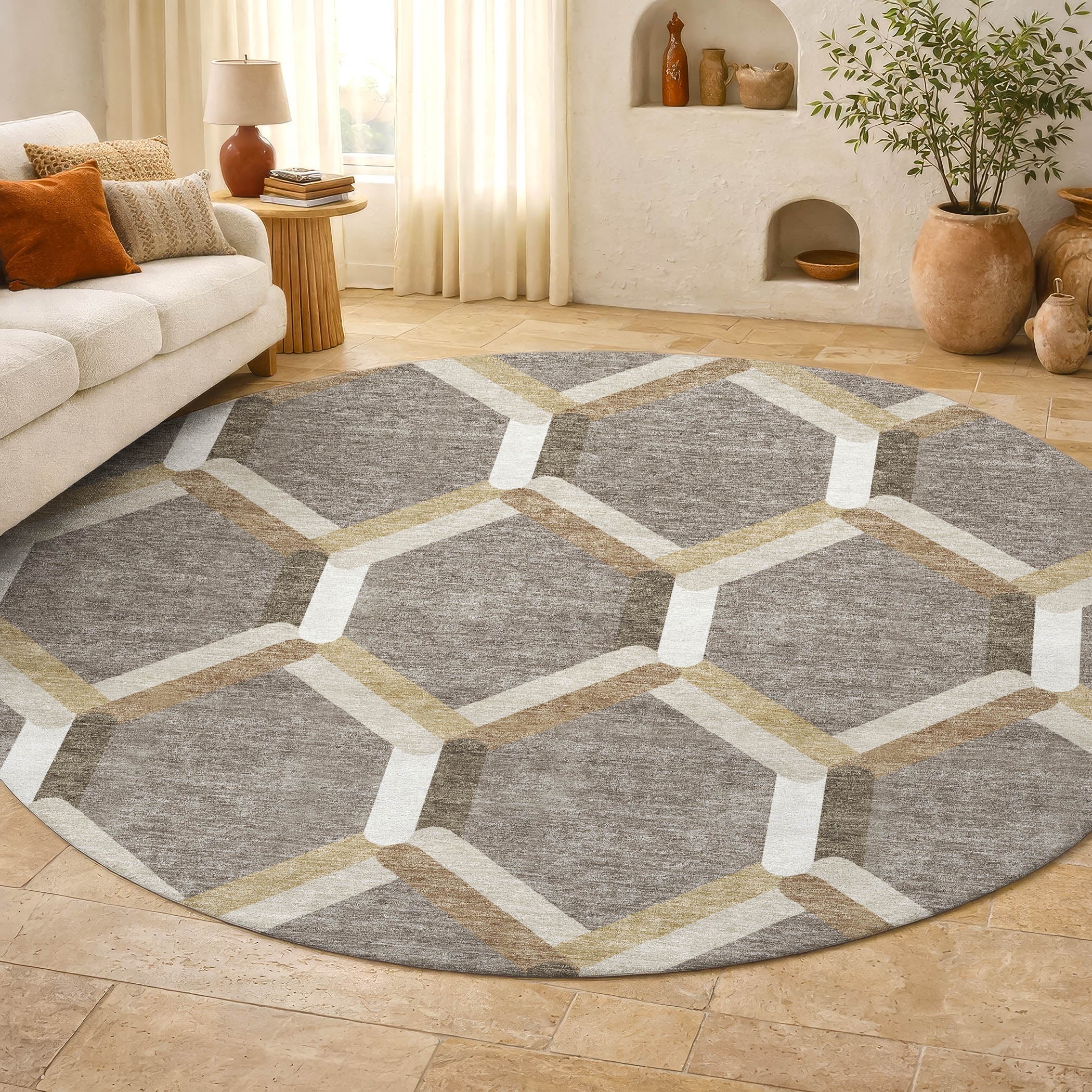 Ghent Machine Washable Transitional Taupe Brown Rug 8' x 8' #shape_Round