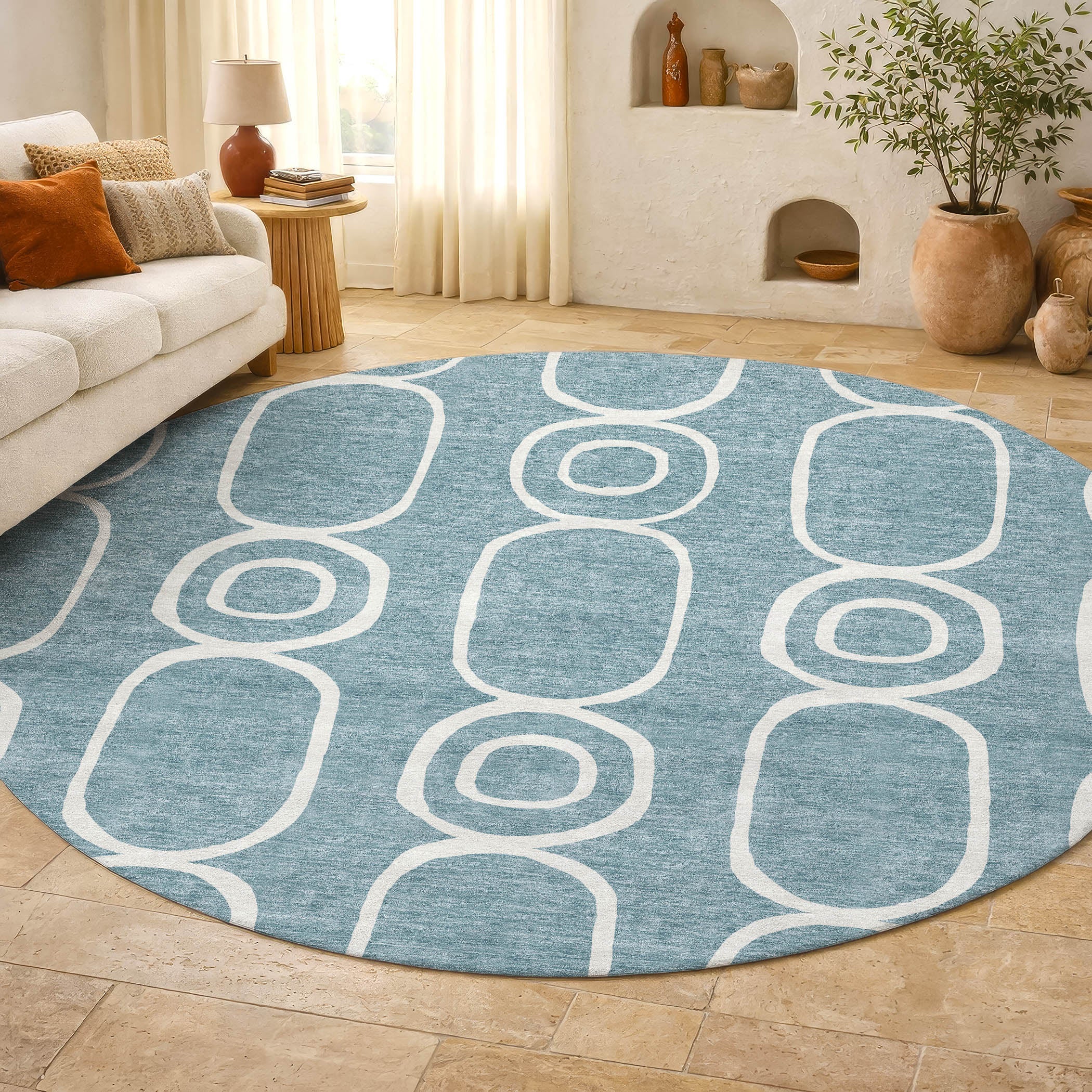 Mdina Machine Washable Transitional Aqua Teal Rug 8' x 8' #shape_Round