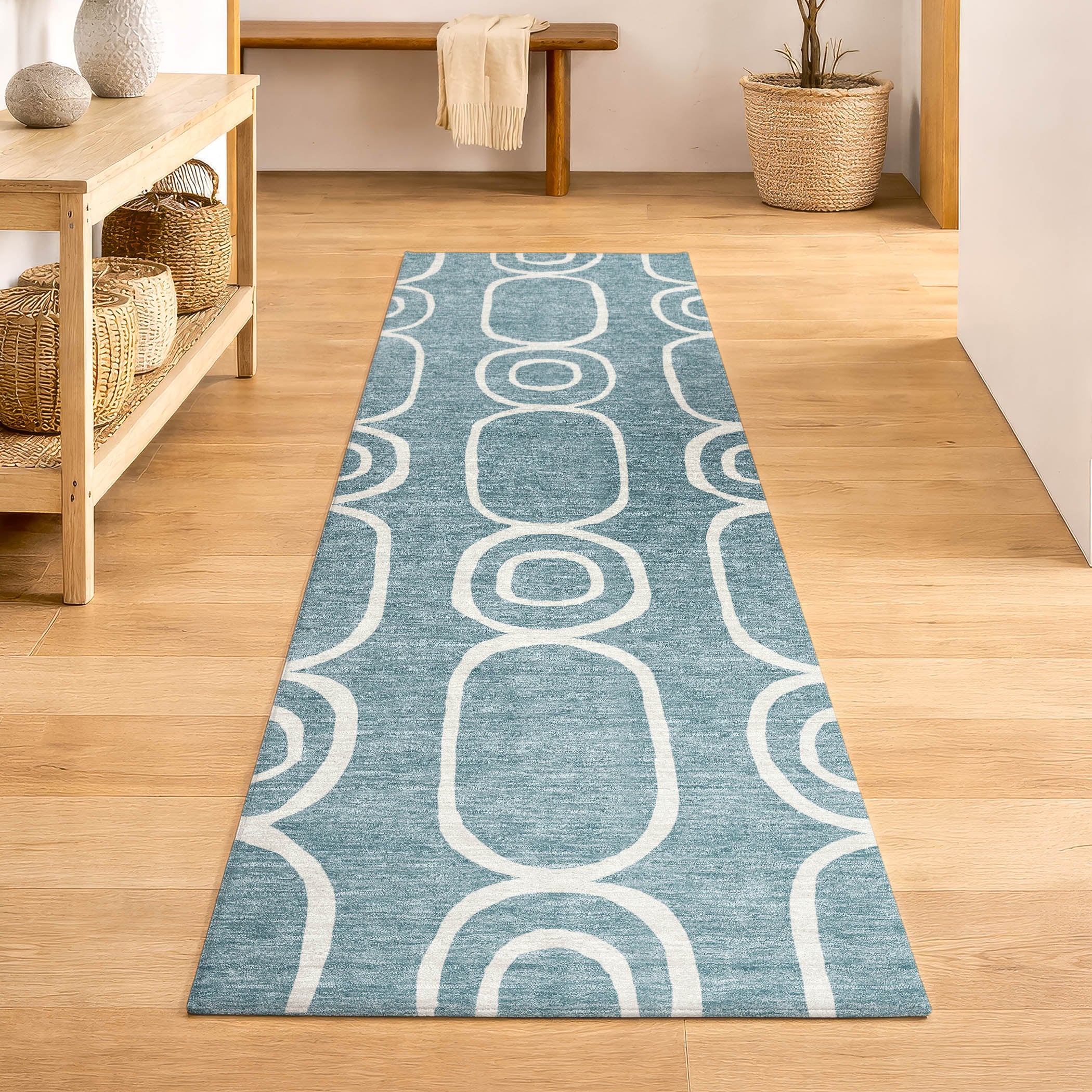 Mdina Machine Washable Transitional Aqua Teal Rug 2'3" x 7'6" #shape_Runner
