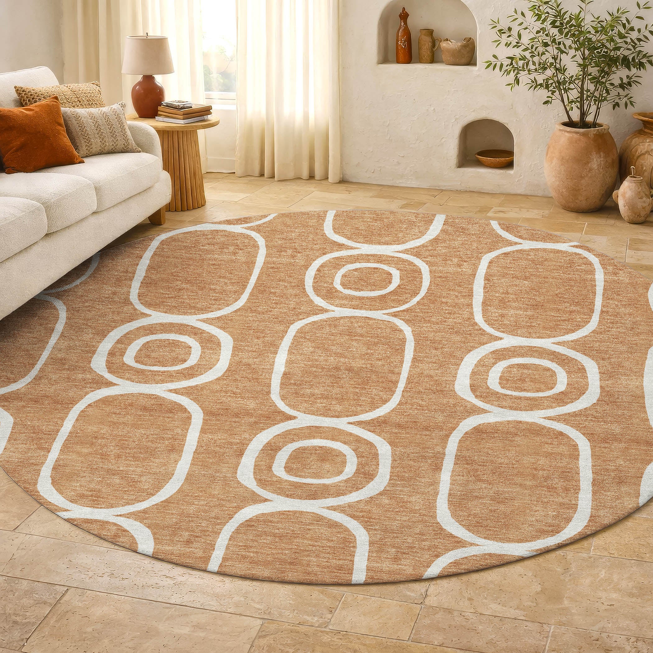Mdina Machine Washable Transitional Rust Orange Rug 8' x 8' #shape_Round