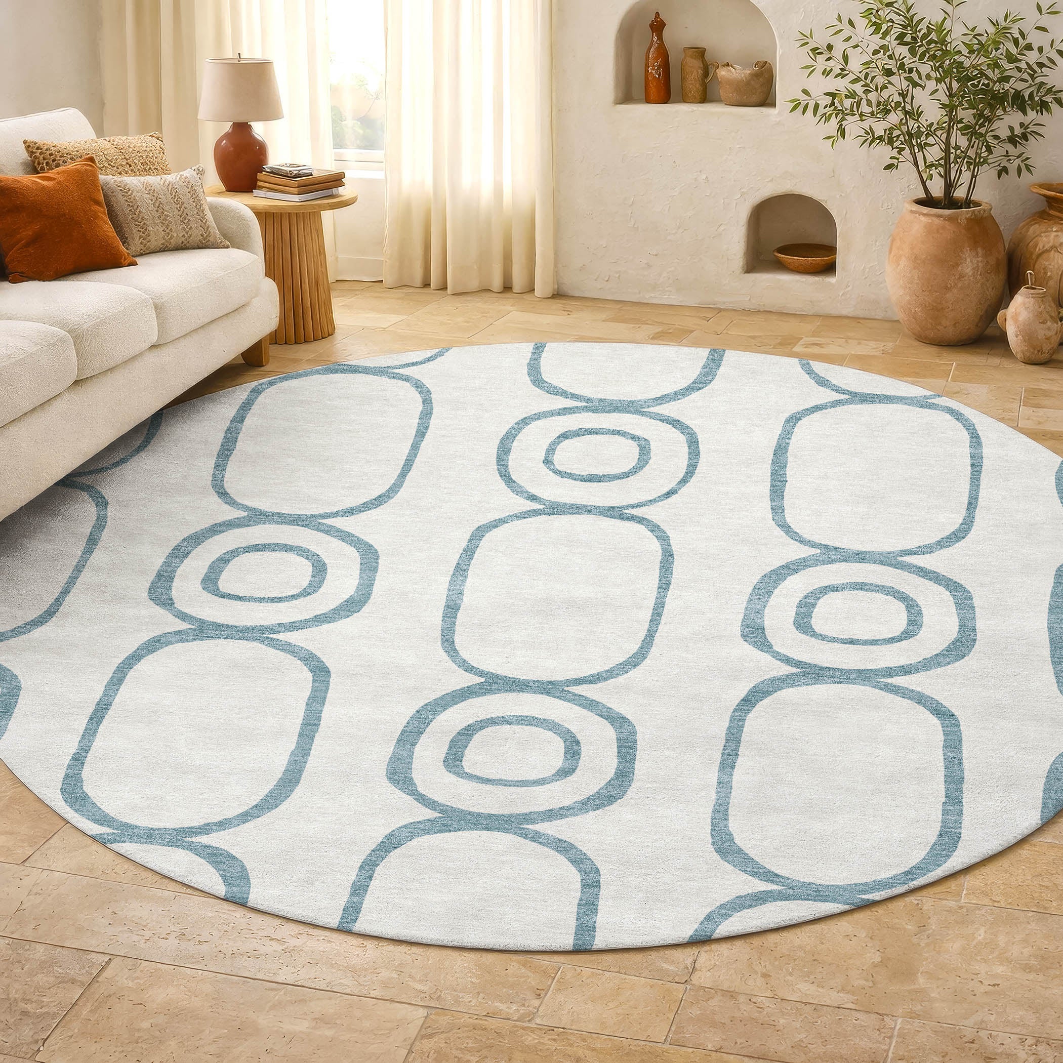 Mdina Machine Washable Transitional Teal Rug 8' x 8' #shape_Round