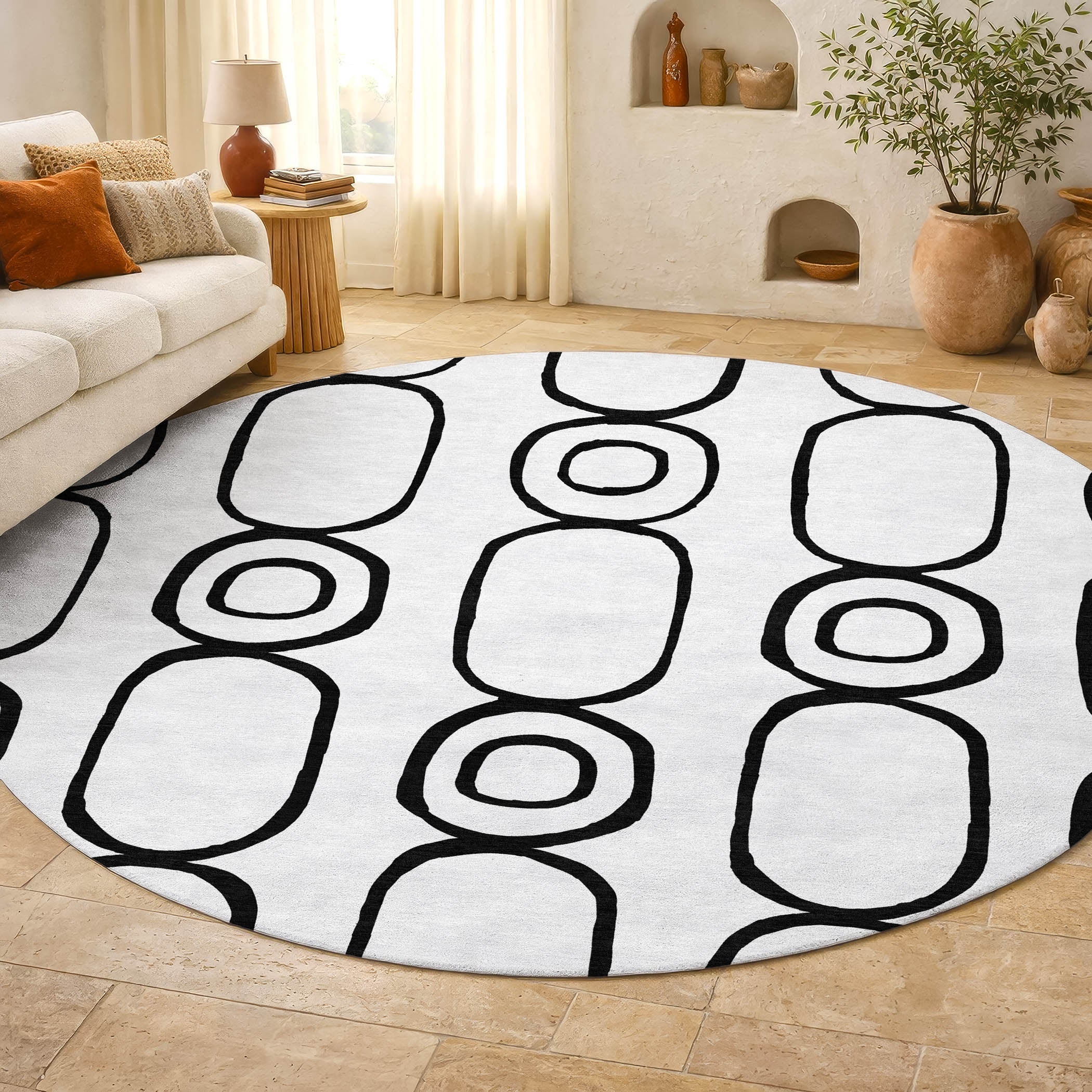 Mdina Machine Washable Transitional White Ivory Rug 8' x 8' #shape_Round