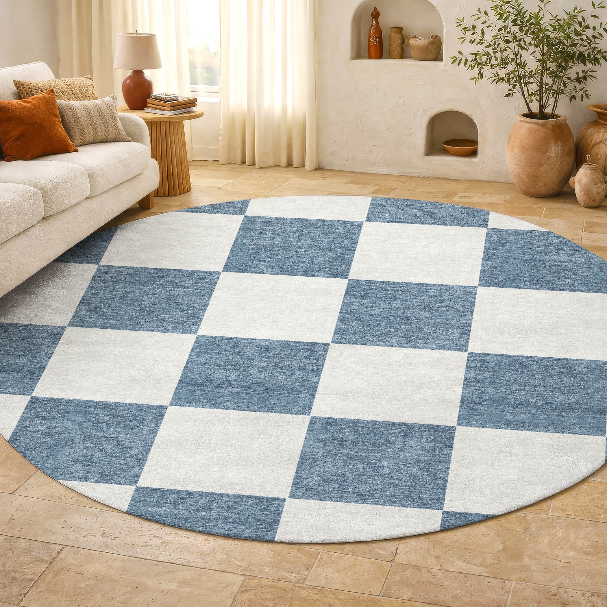 Budapest Machine Washable Transitional Denim Blue Rug 8' x 8' #shape_Round