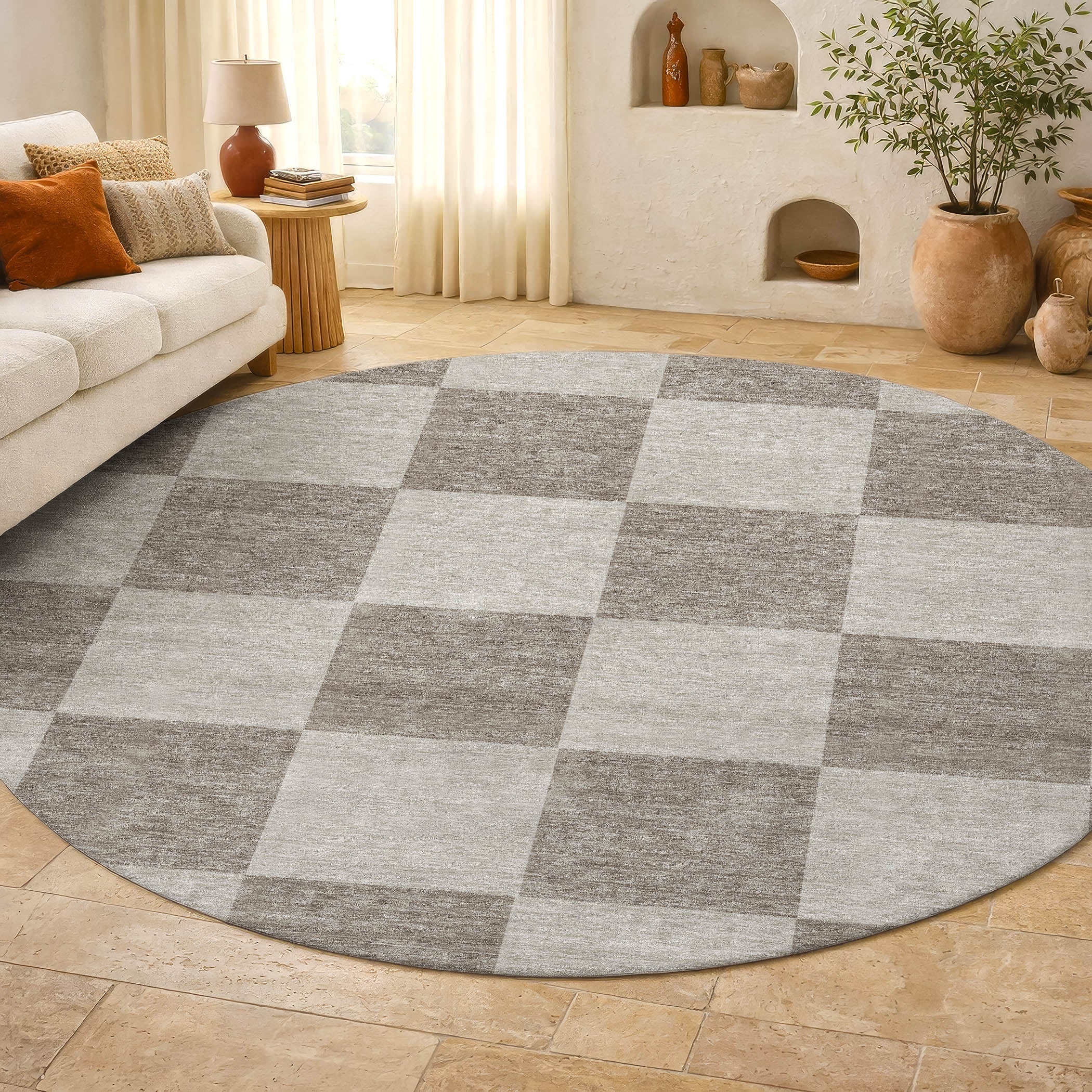 Budapest Machine Washable Transitional Khaki Brown Rug 8' x 8' #shape_Round