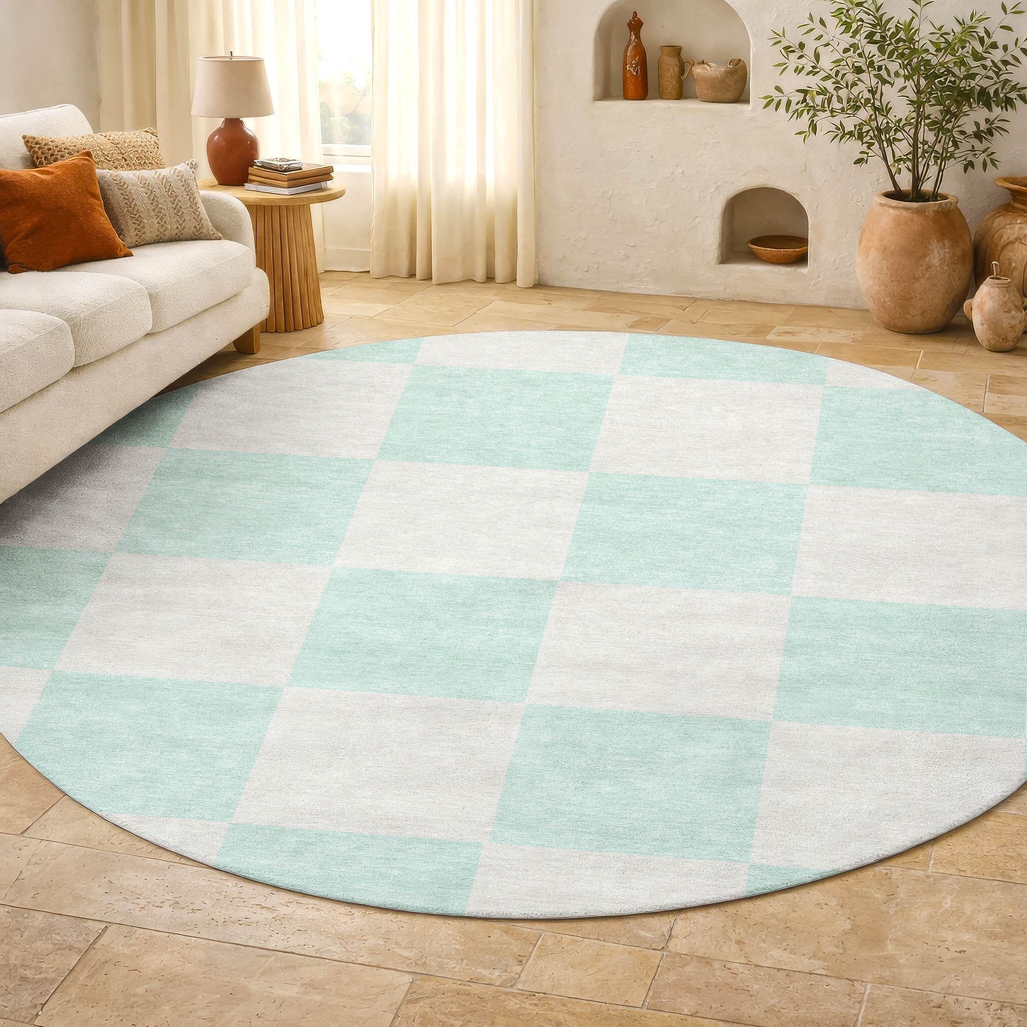 Budapest Machine Washable Transitional Mint Green Rug 8' x 8' #shape_Round