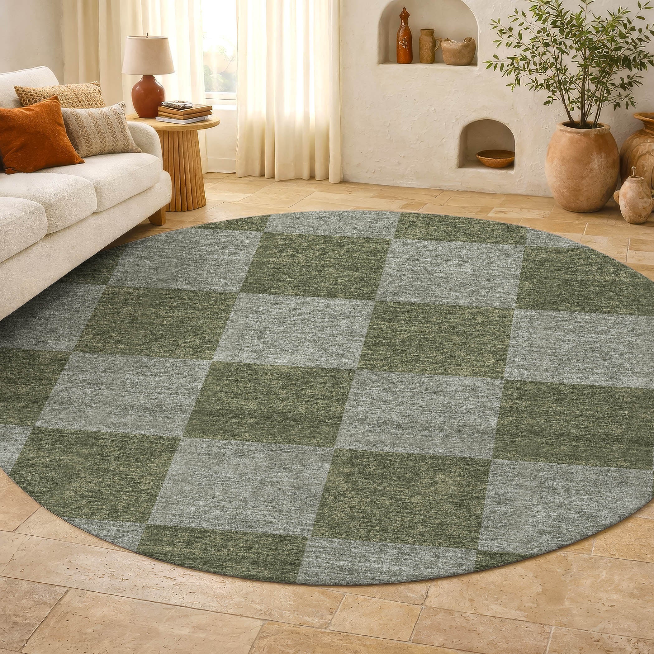 Budapest Machine Washable Transitional Olive Green Rug 8' x 8' #shape_Round