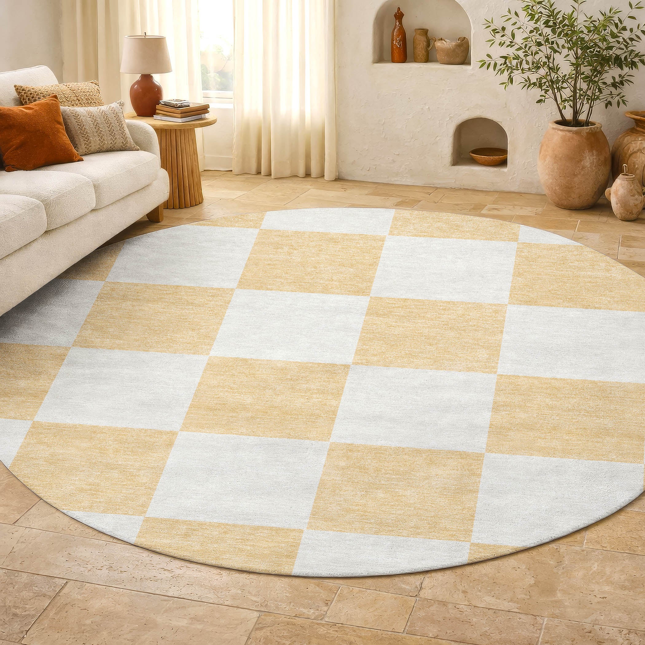 Budapest Machine Washable Transitional Peach Orange Rug 8' x 8' #shape_Round