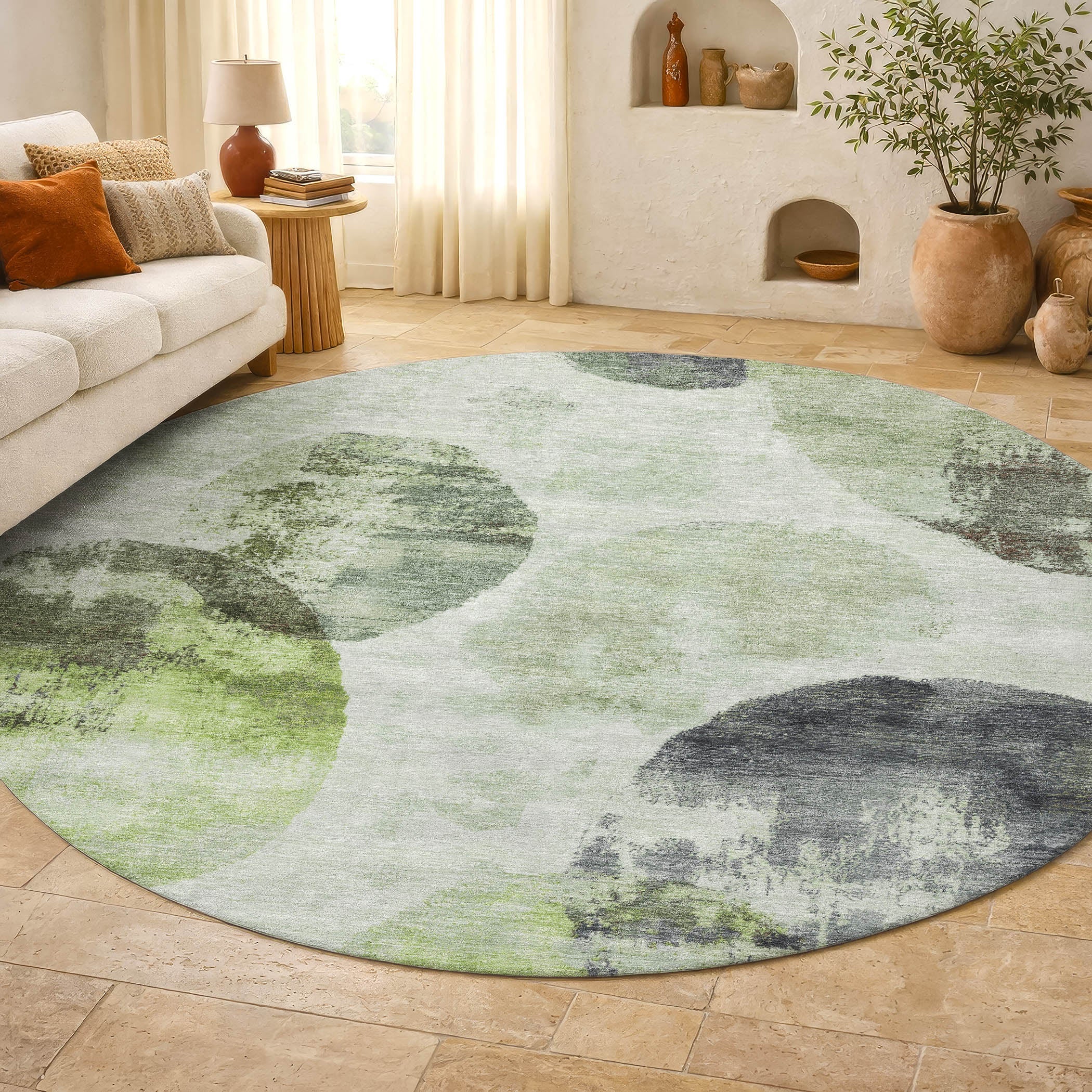 Budapest Machine Washable Contemporary Aloe Green Rug 8' x 8' #shape_Round
