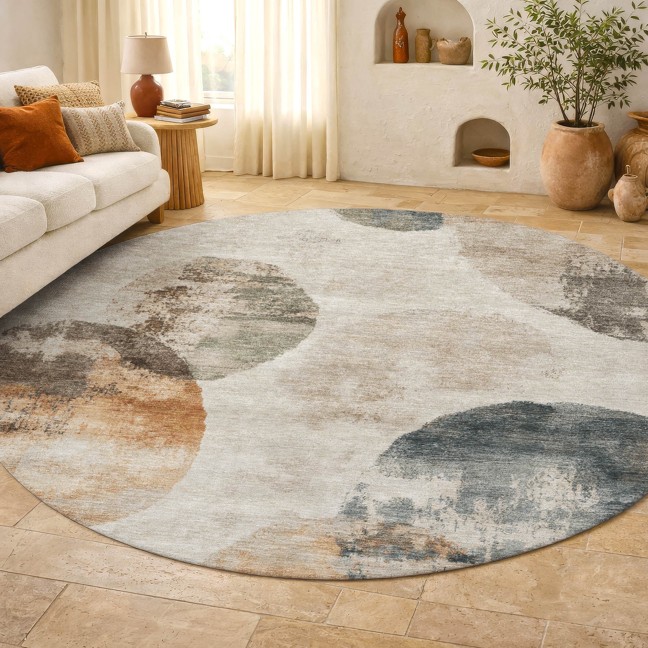 Budapest Machine Washable Contemporary Beige Brown Rug 8' x 8' #shape_Round