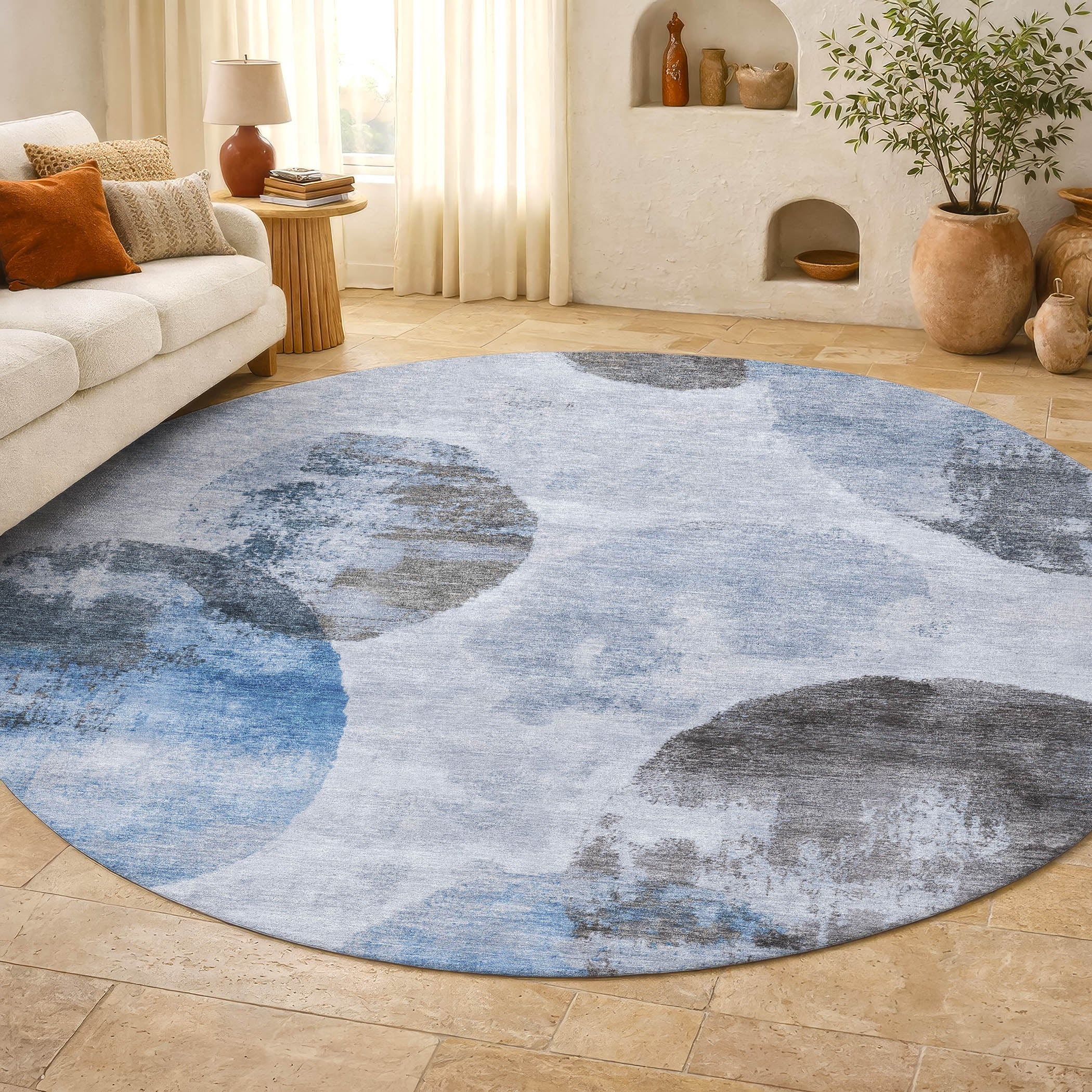 Budapest Machine Washable Contemporary Denim Blue Rug 8' x 8' #shape_Round