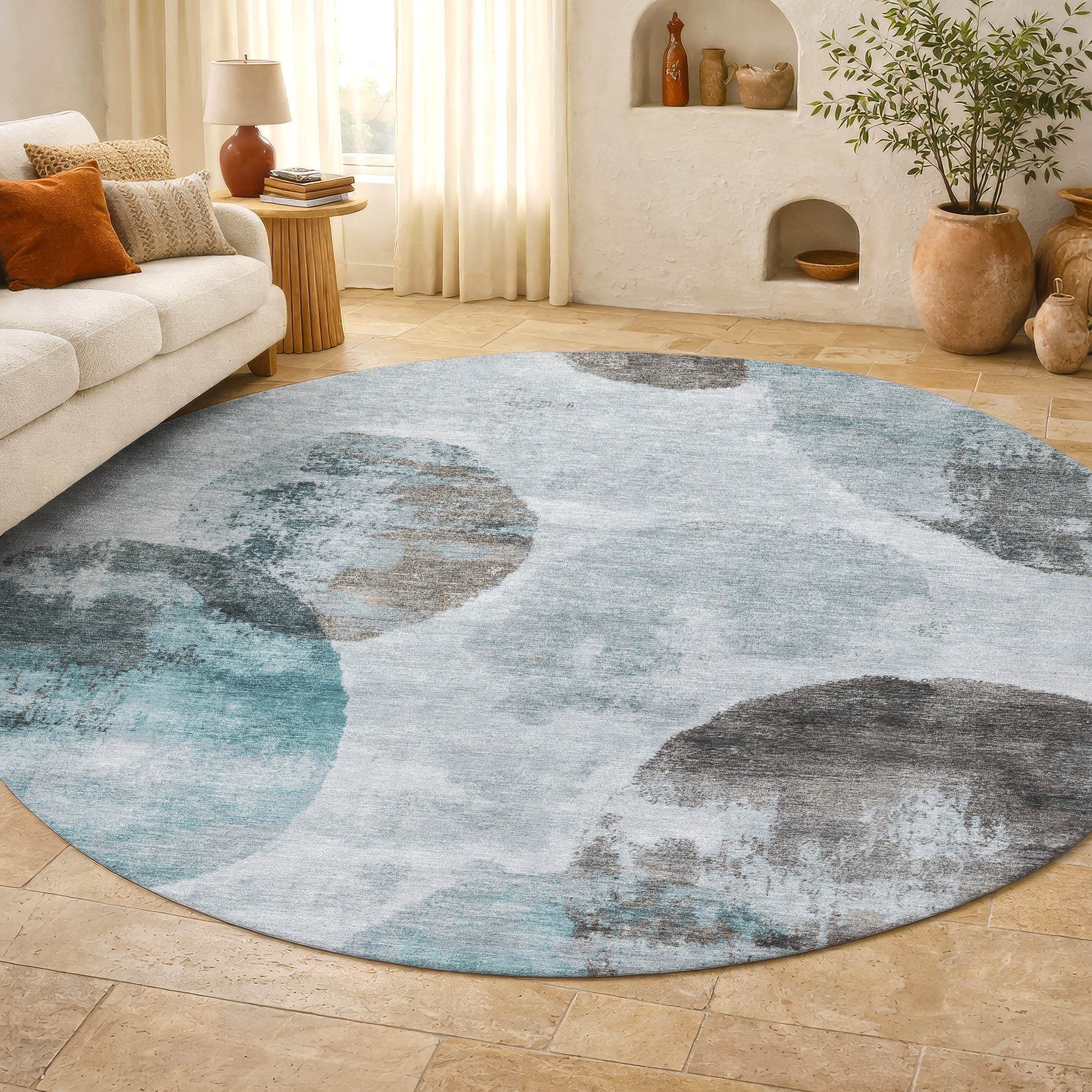 Budapest Machine Washable Contemporary Teal Rug 8' x 8' #shape_Round