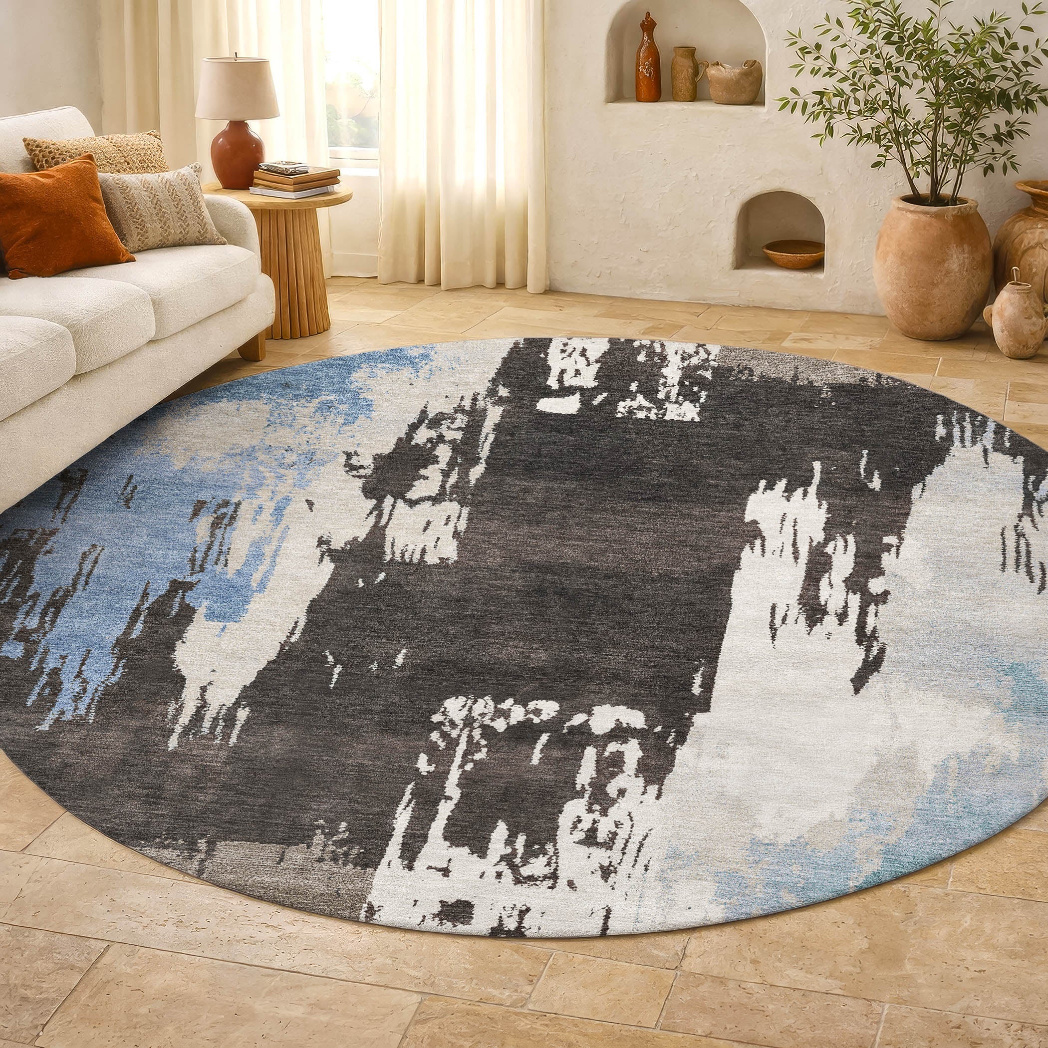 Mdina Machine Washable Contemporary Brown Rug 8' x 8' #shape_Round