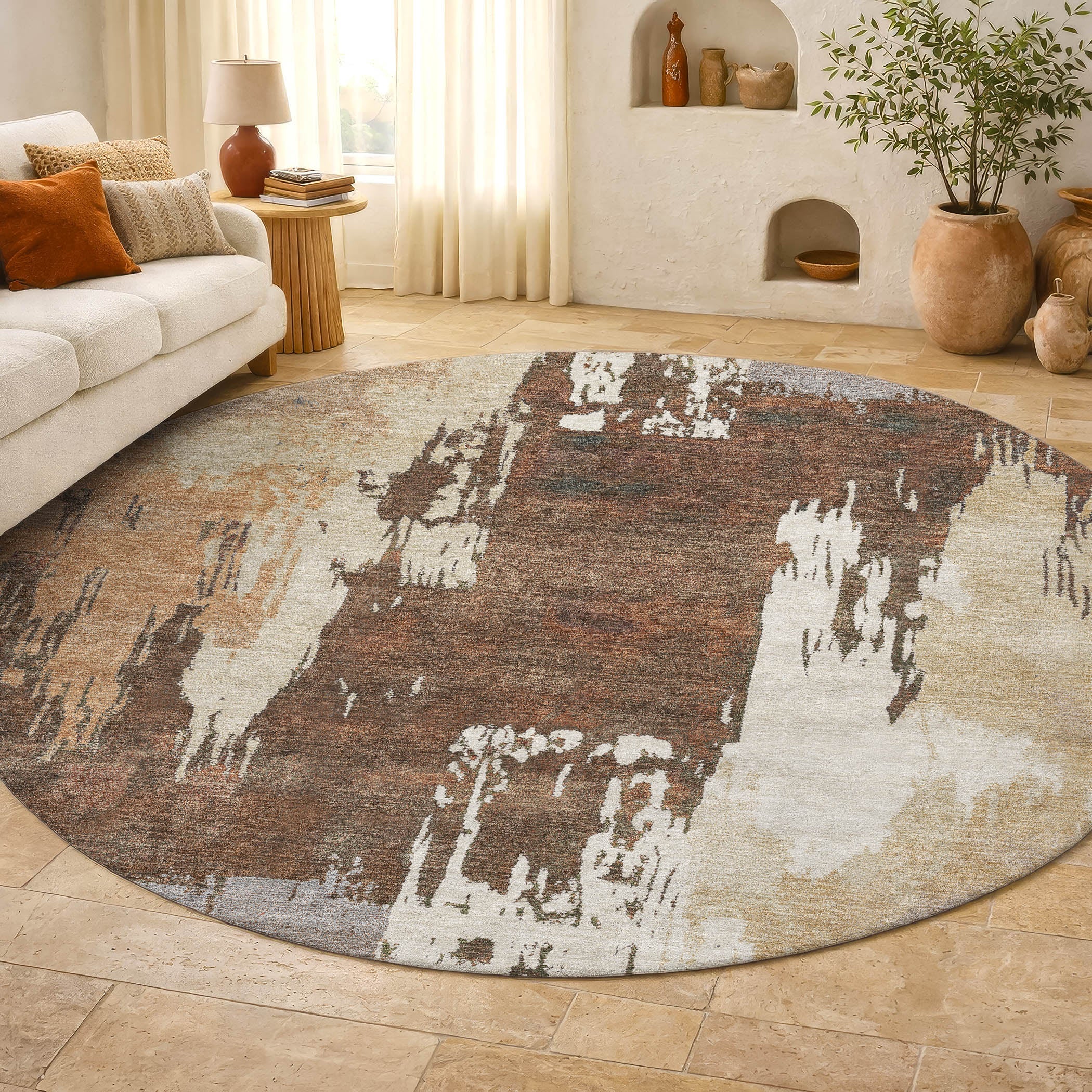 Mdina Machine Washable Contemporary Cayenne Orange Rug 8' x 8' #shape_Round