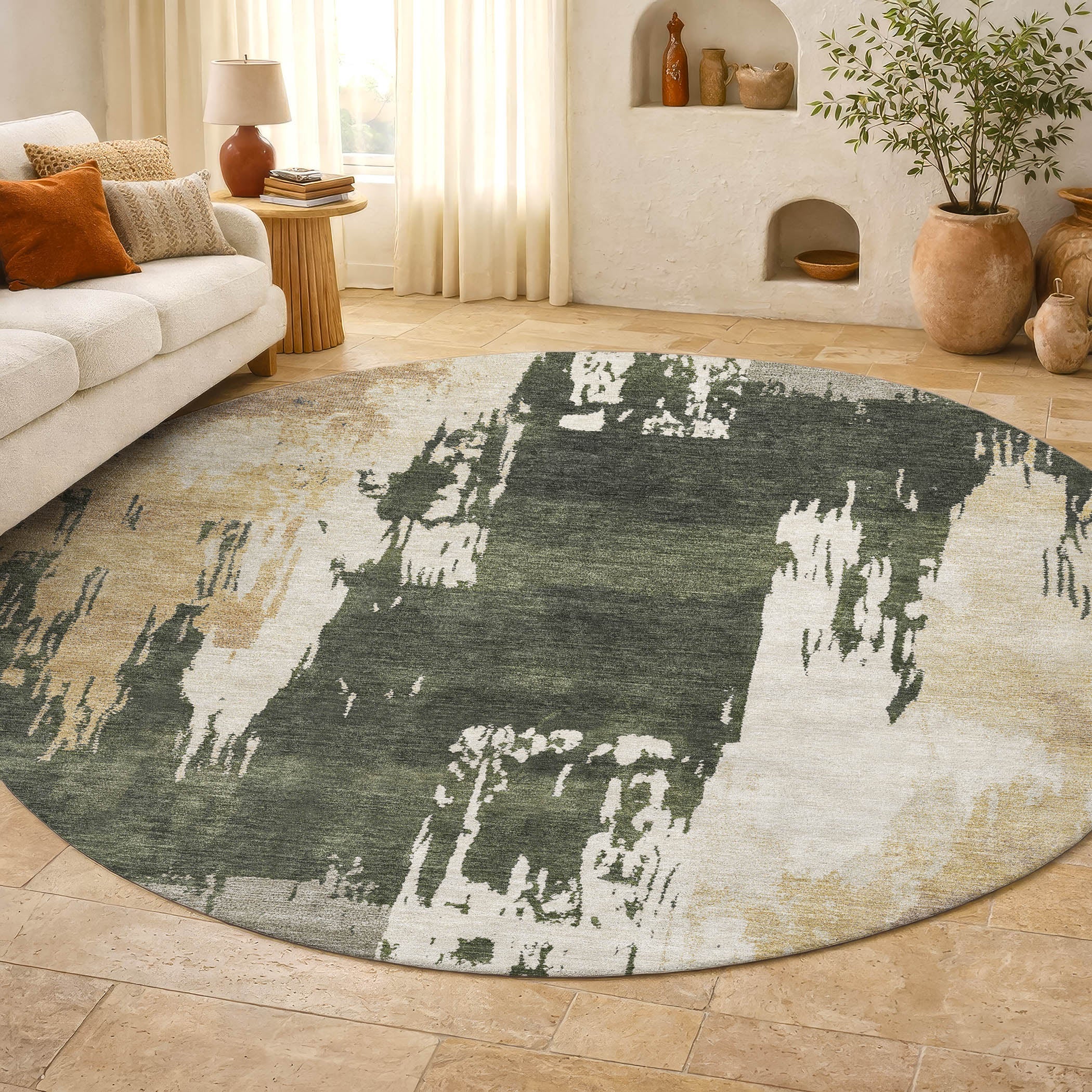 Mdina Machine Washable Contemporary Olive Green Rug 8' x 8' #shape_Round