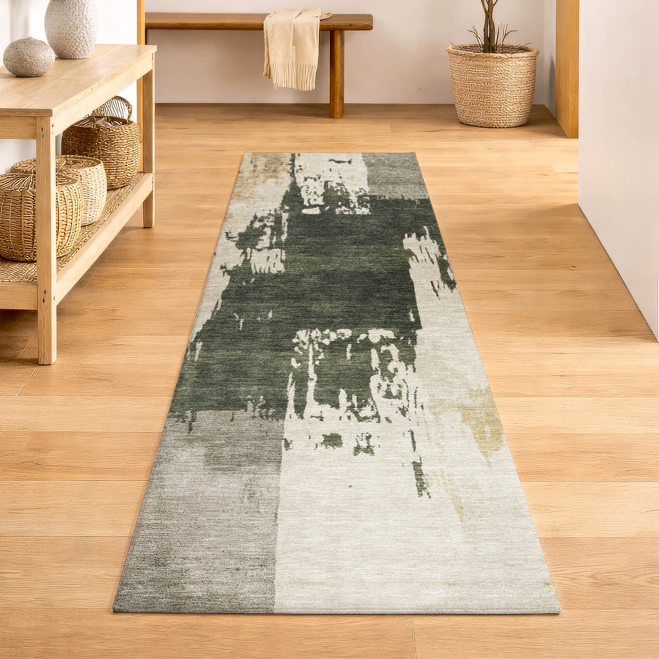 Mdina Machine Washable Contemporary Olive Green Rug 2'3" x 7'6" #shape_Runner
