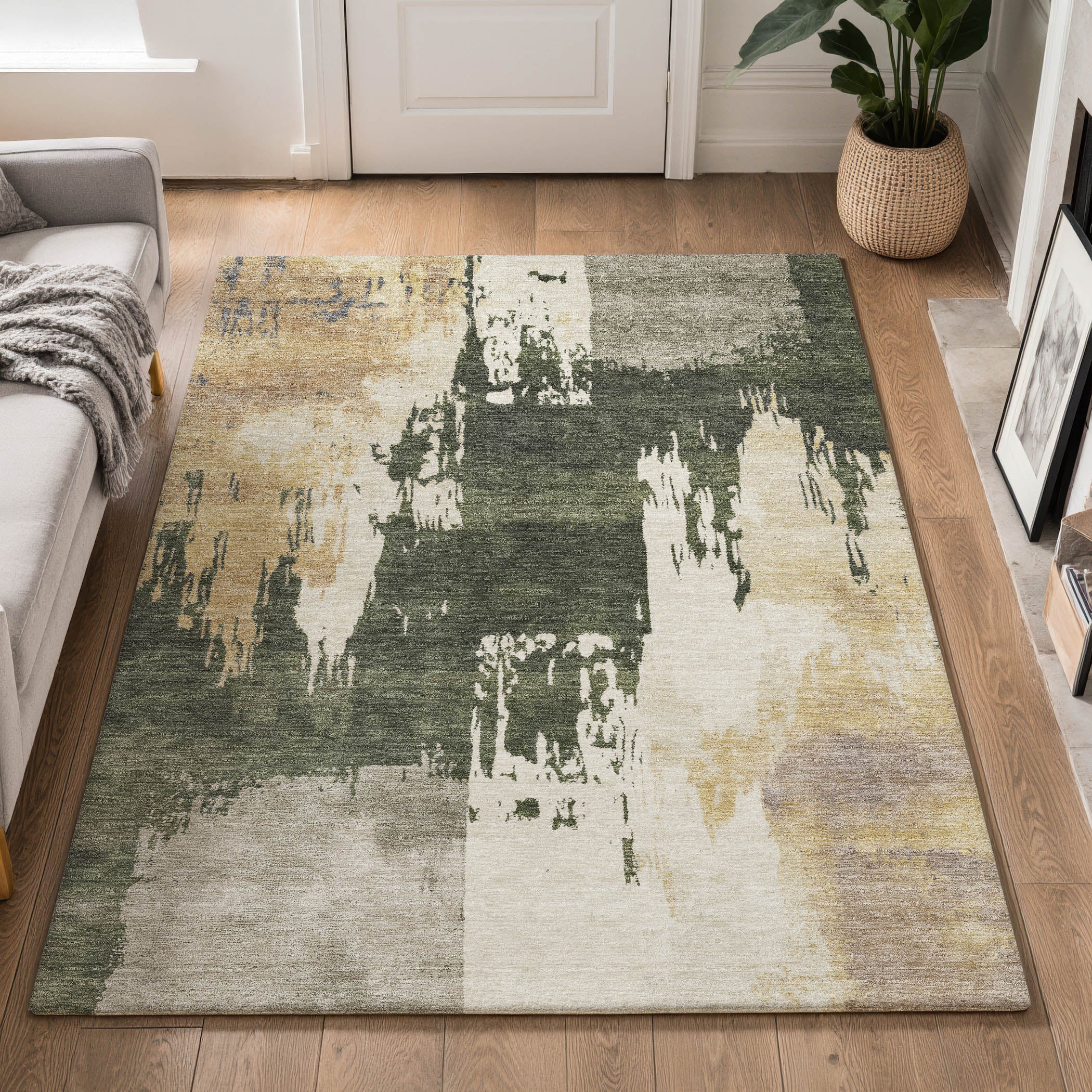 Mdina Machine Washable Contemporary Olive Green Rug 3' x 5' #shape_Rectangle