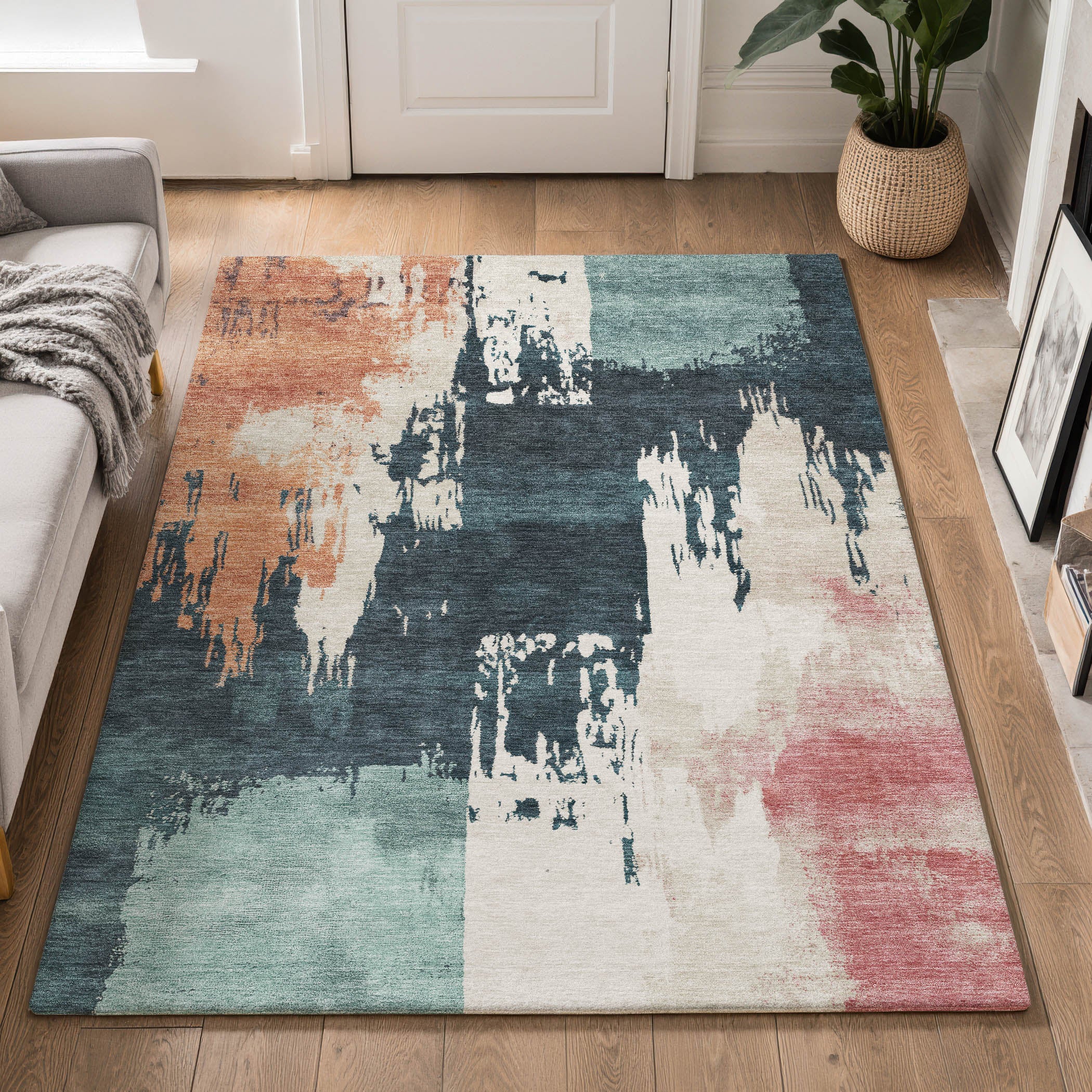 Mdina Machine Washable Contemporary Teal Rug 3' x 5' #shape_Rectangle