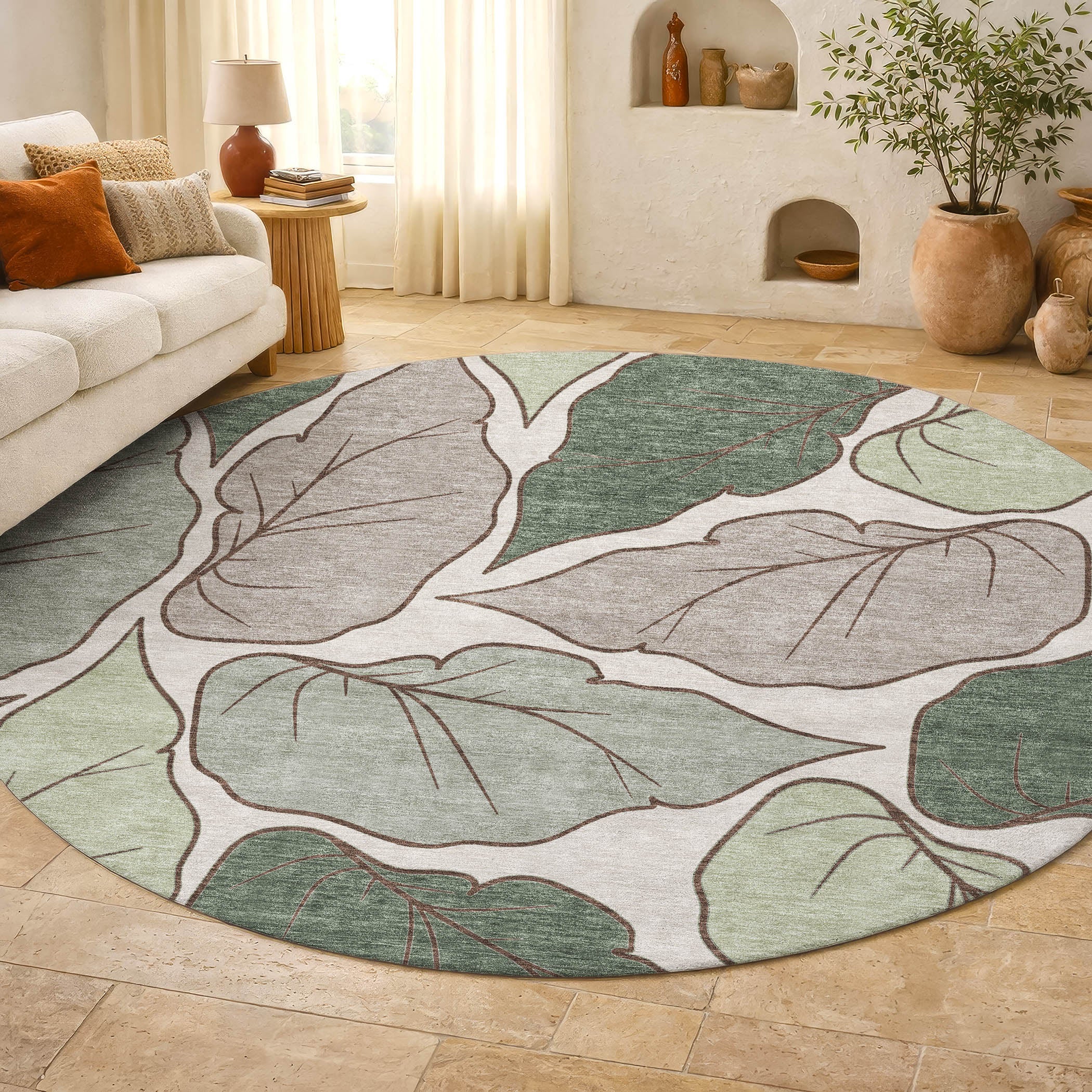 Porto Machine Washable Transitional Basil Green Rug 8' x 8' #shape_Round