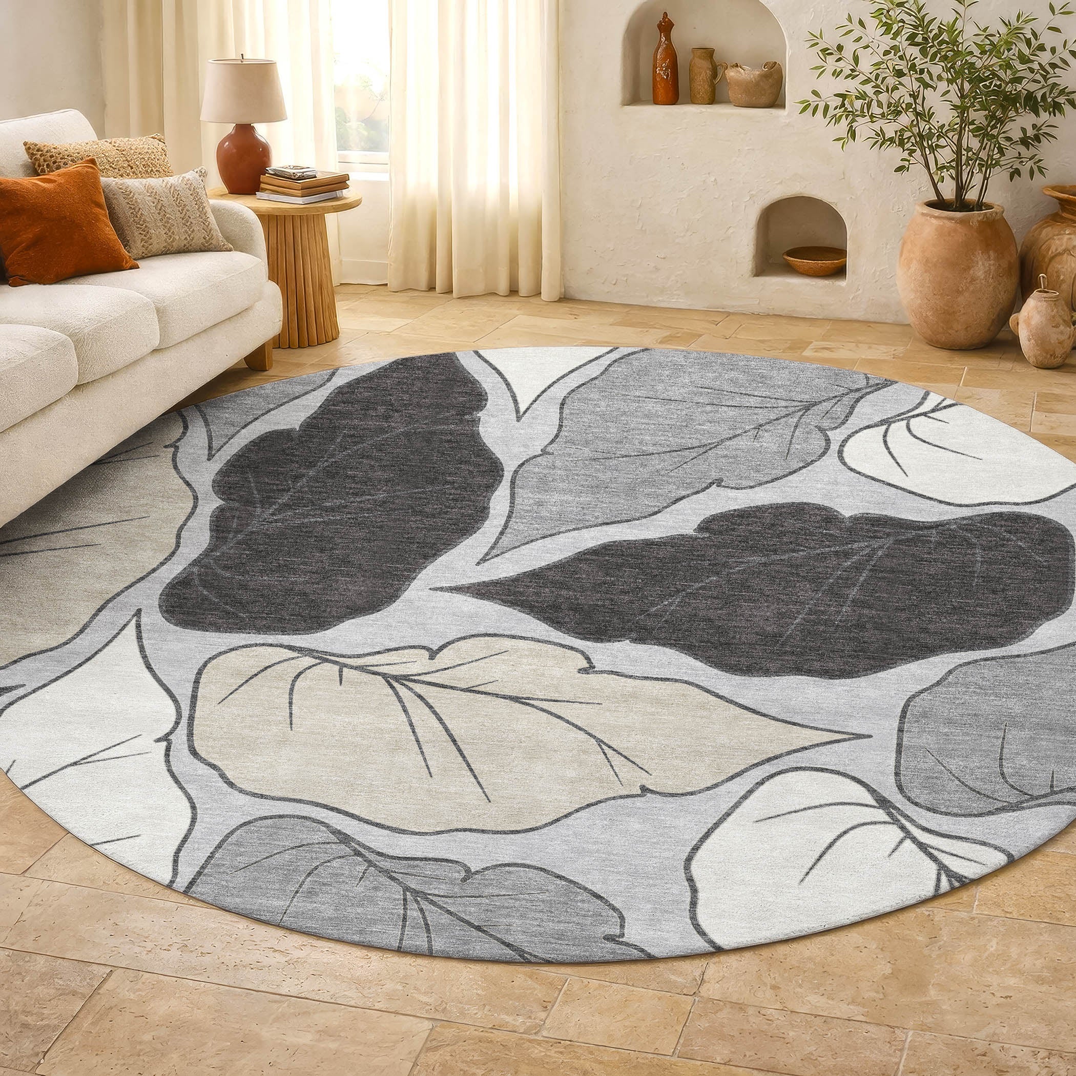 Porto Machine Washable Transitional Silver Gray Rug 8' x 8' #shape_Round