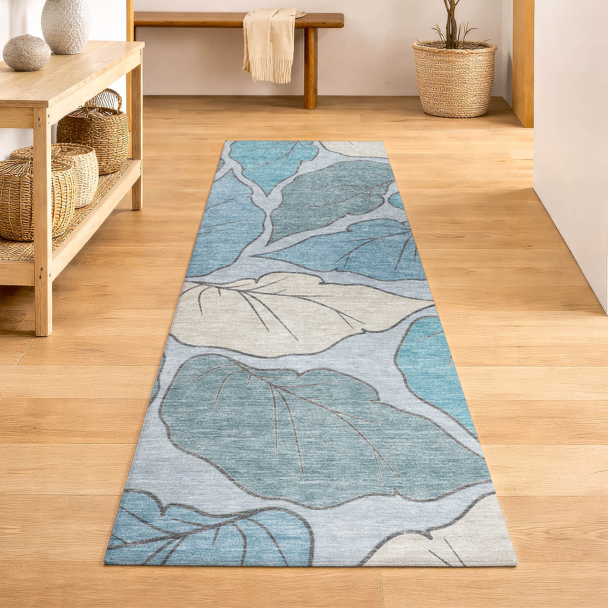 Porto Machine Washable Transitional Teal Rug 2'3" x 7'6" #shape_Runner