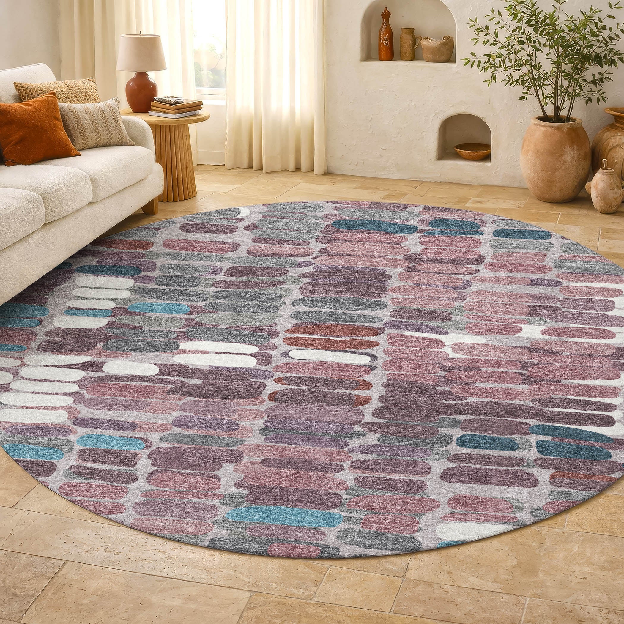 Siena Machine Washable Transitional Blush Pink Rug 8' x 8' #shape_Round