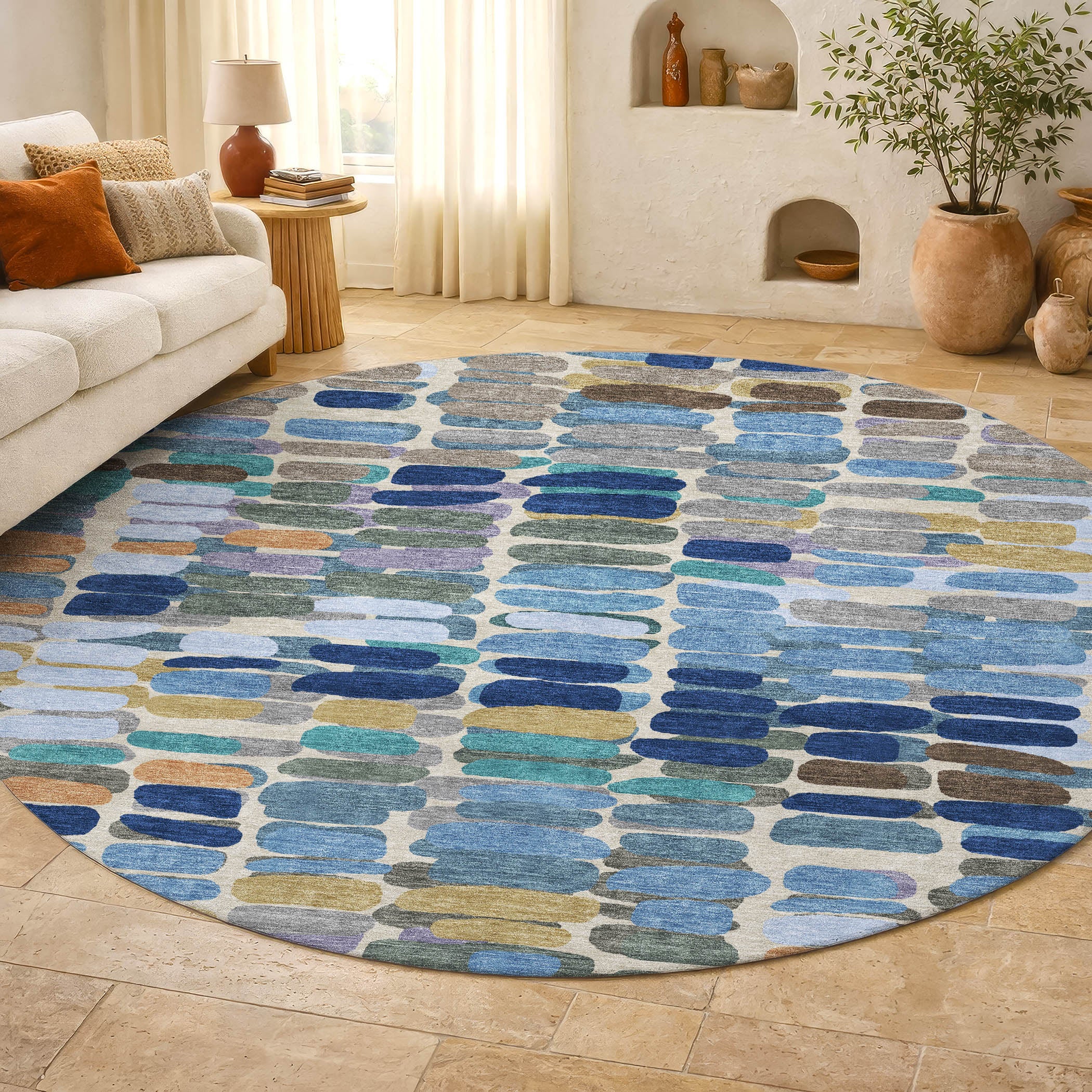 Siena Machine Washable Transitional Denim Blue Rug 8' x 8' #shape_Round