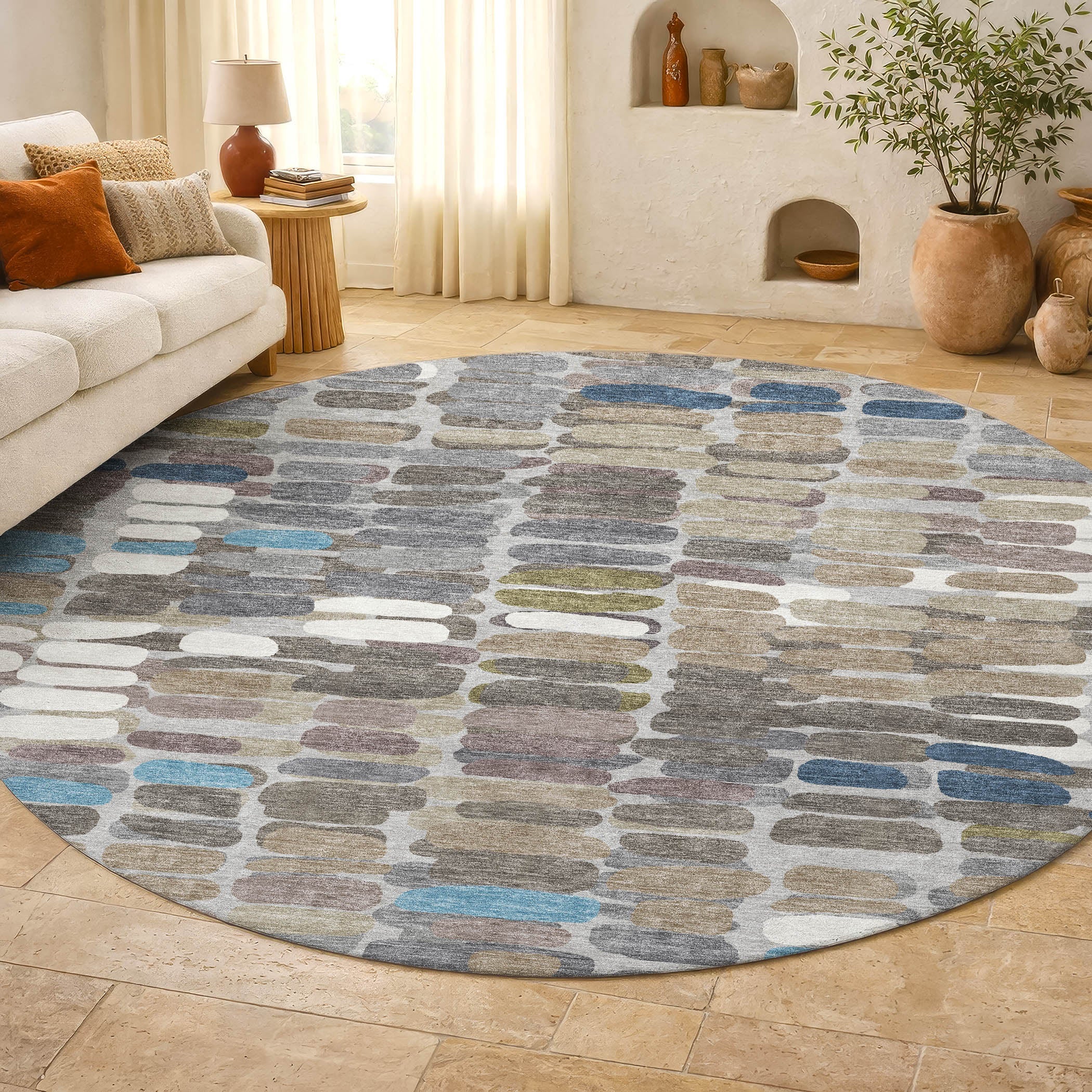 Siena Machine Washable Transitional Taupe Brown Rug 8' x 8' #shape_Round