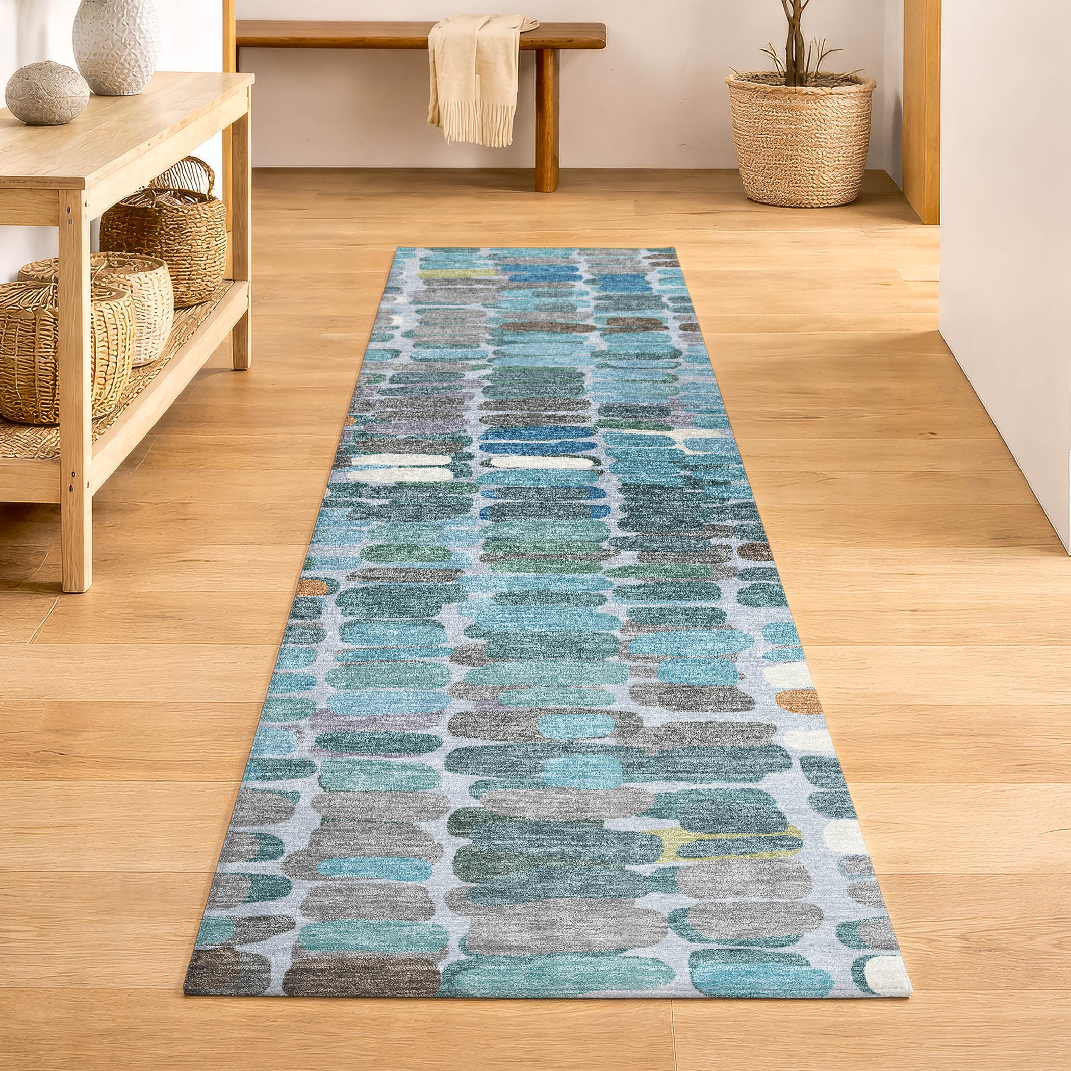 Siena Machine Washable Transitional Teal Rug 2'3" x 7'6" #shape_Runner