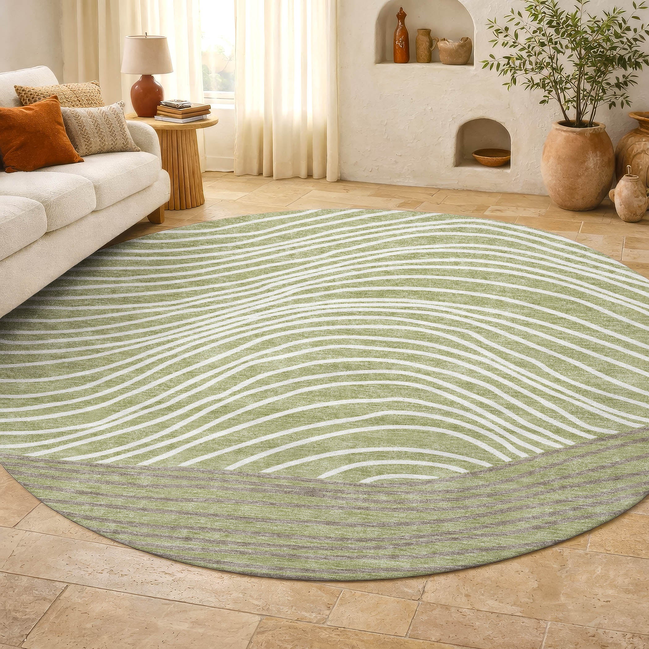 Bern Machine Washable Transitional Aloe Green Rug 8' x 8' #shape_Round