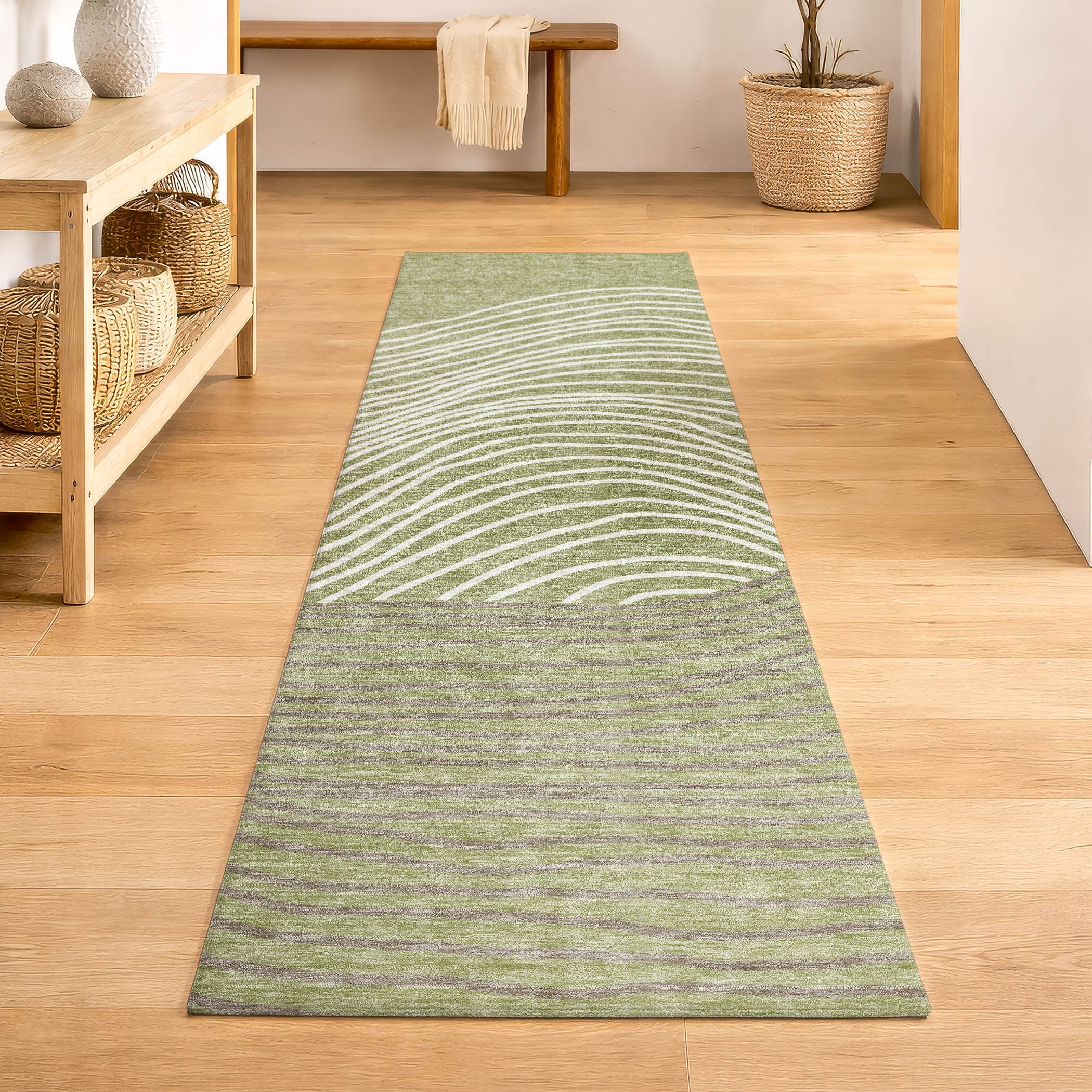 Bern Machine Washable Transitional Aloe Green Rug 2'3" x 7'6" #shape_Runner