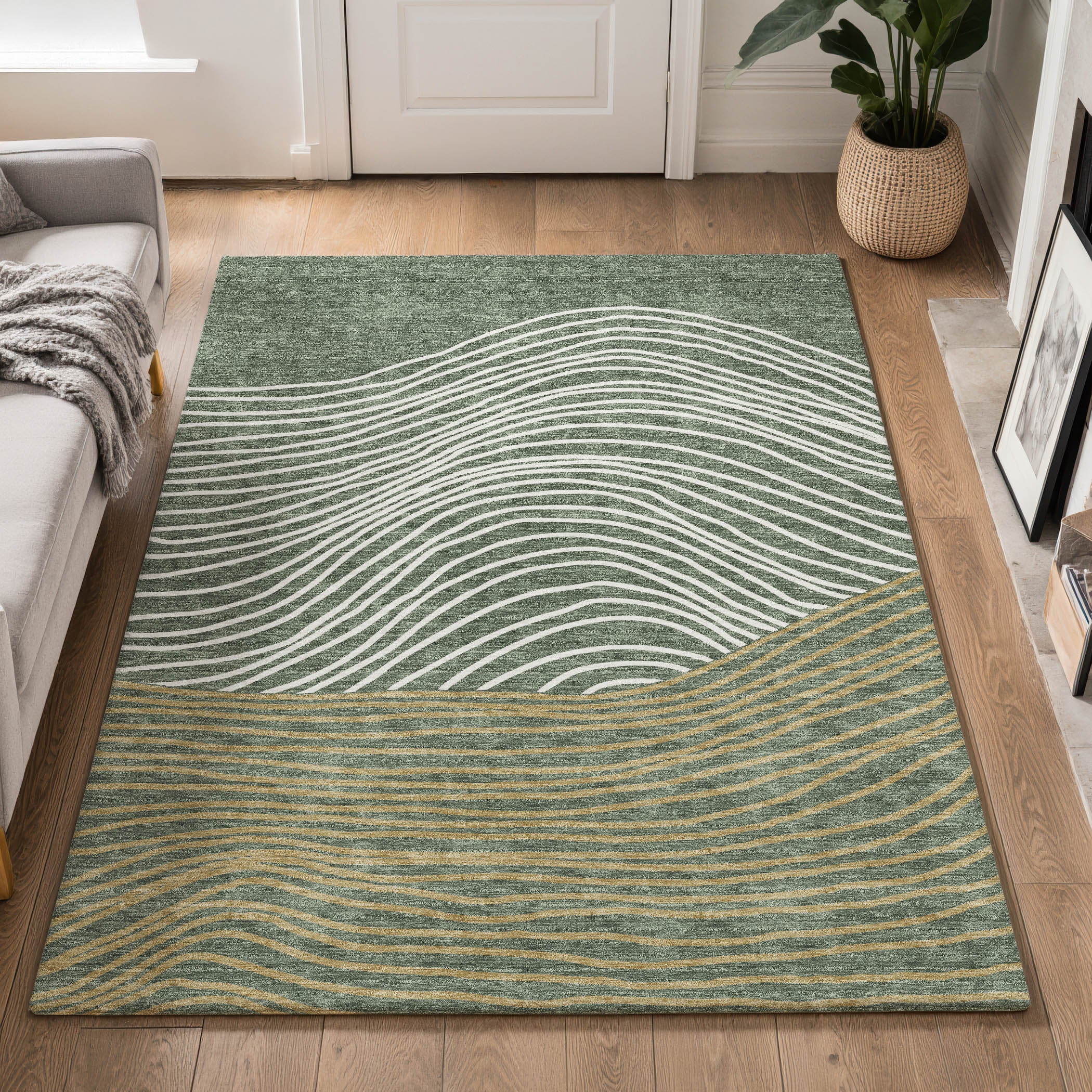 Bern Machine Washable Transitional Basil Green Rug 3' x 5' #shape_Rectangle