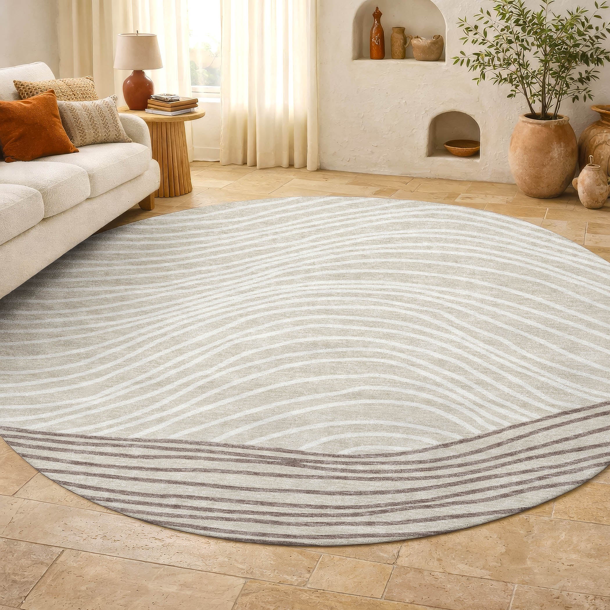 Bern Machine Washable Transitional Beige Brown Rug 8' x 8' #shape_Round