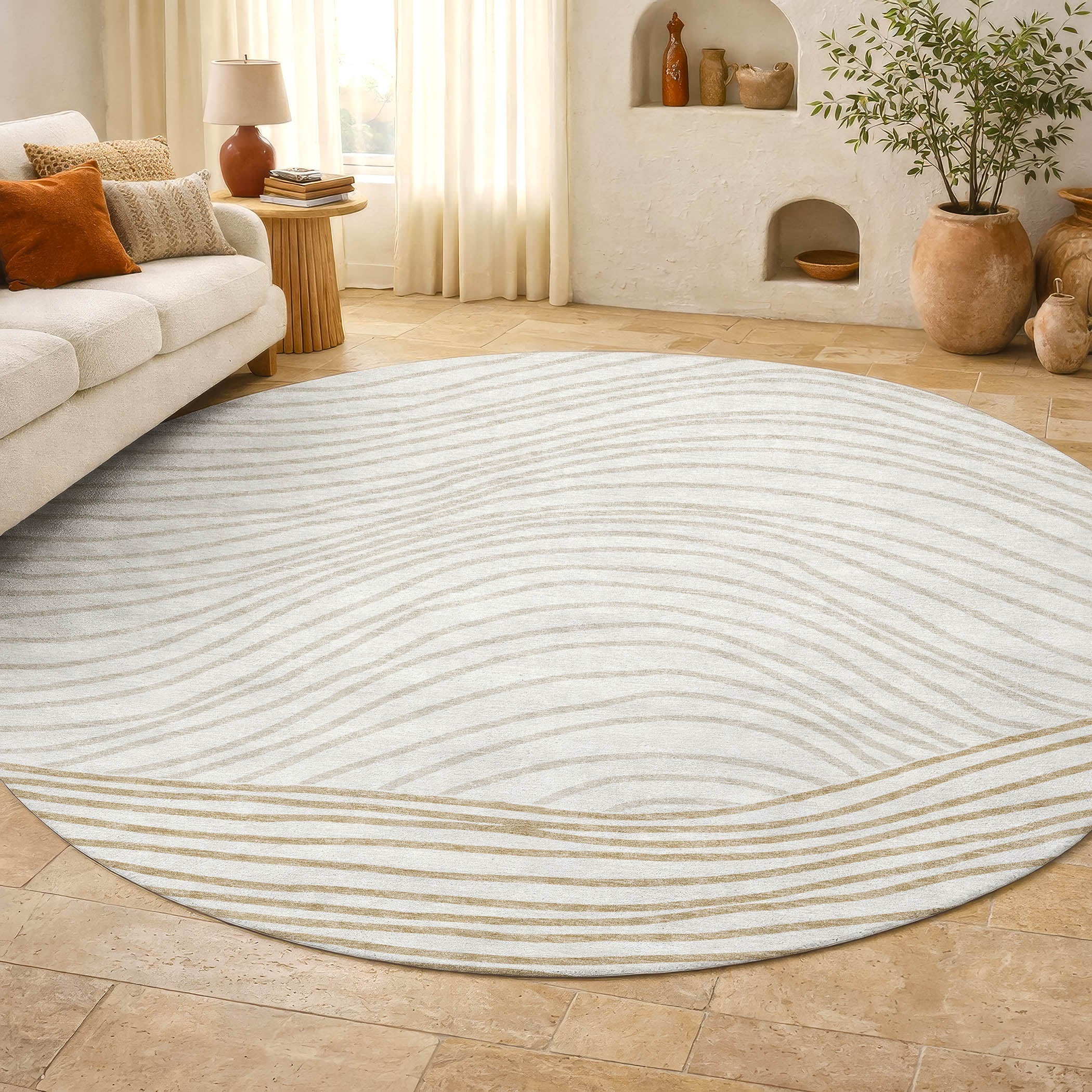Bern Machine Washable Transitional Ivory Rug 8' x 8' #shape_Round