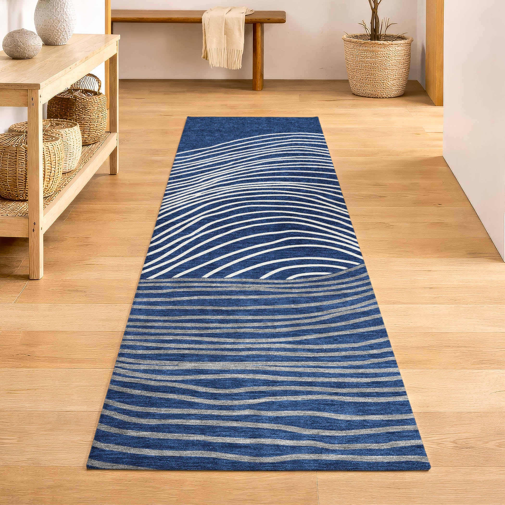 Bern Machine Washable Transitional Navy Blue Rug 2'3" x 7'6" #shape_Runner