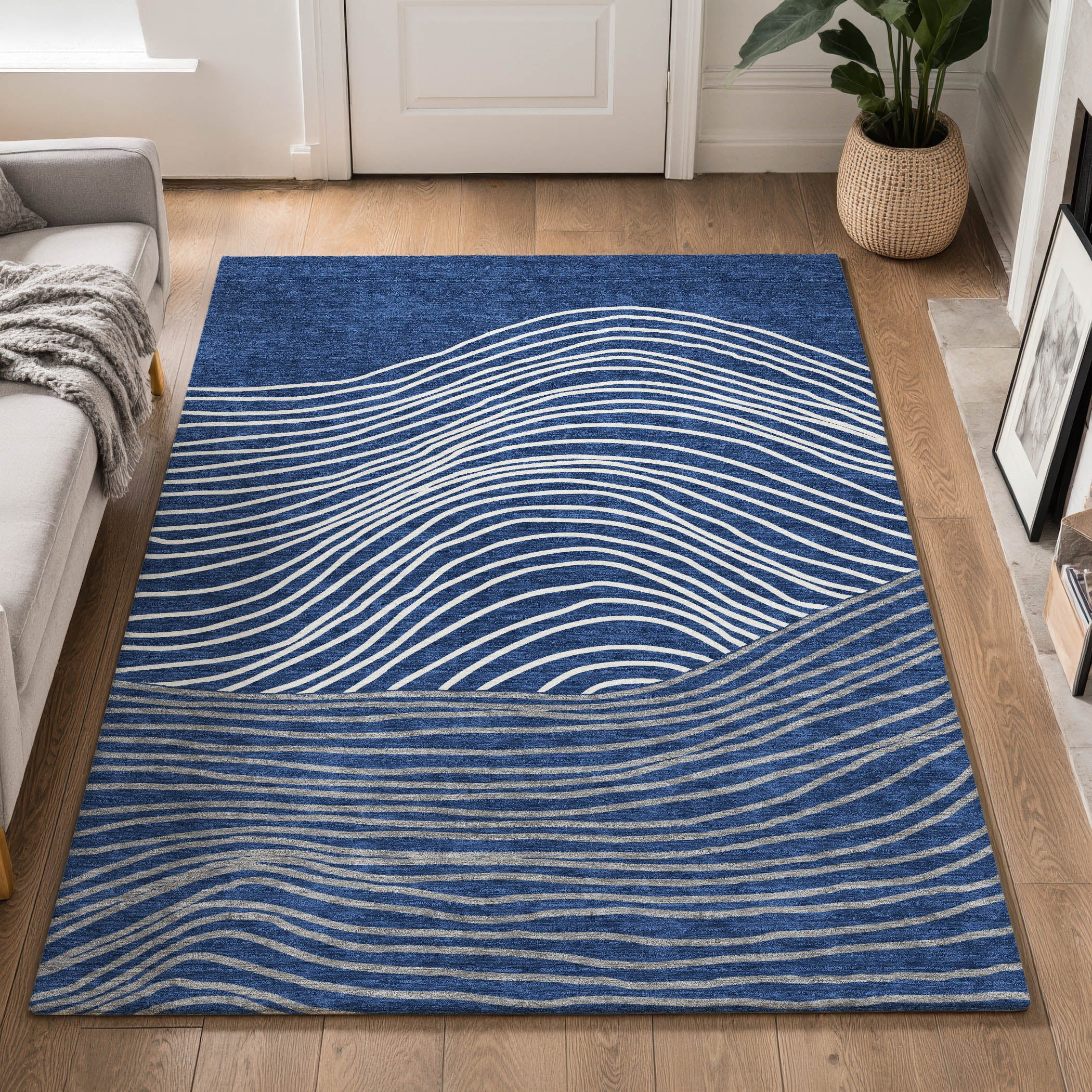 Bern Machine Washable Transitional Navy Blue Rug 3' x 5' #shape_Rectangle