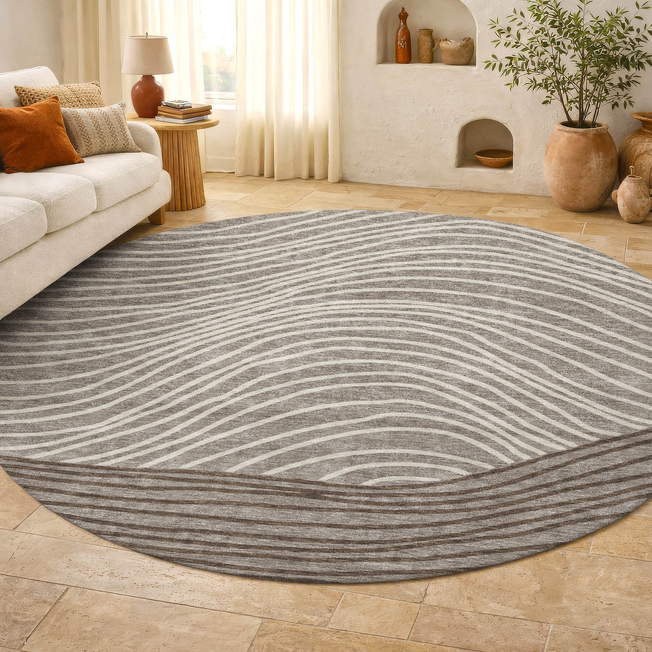 Bern Machine Washable Transitional Taupe Brown Rug 8' x 8' #shape_Round