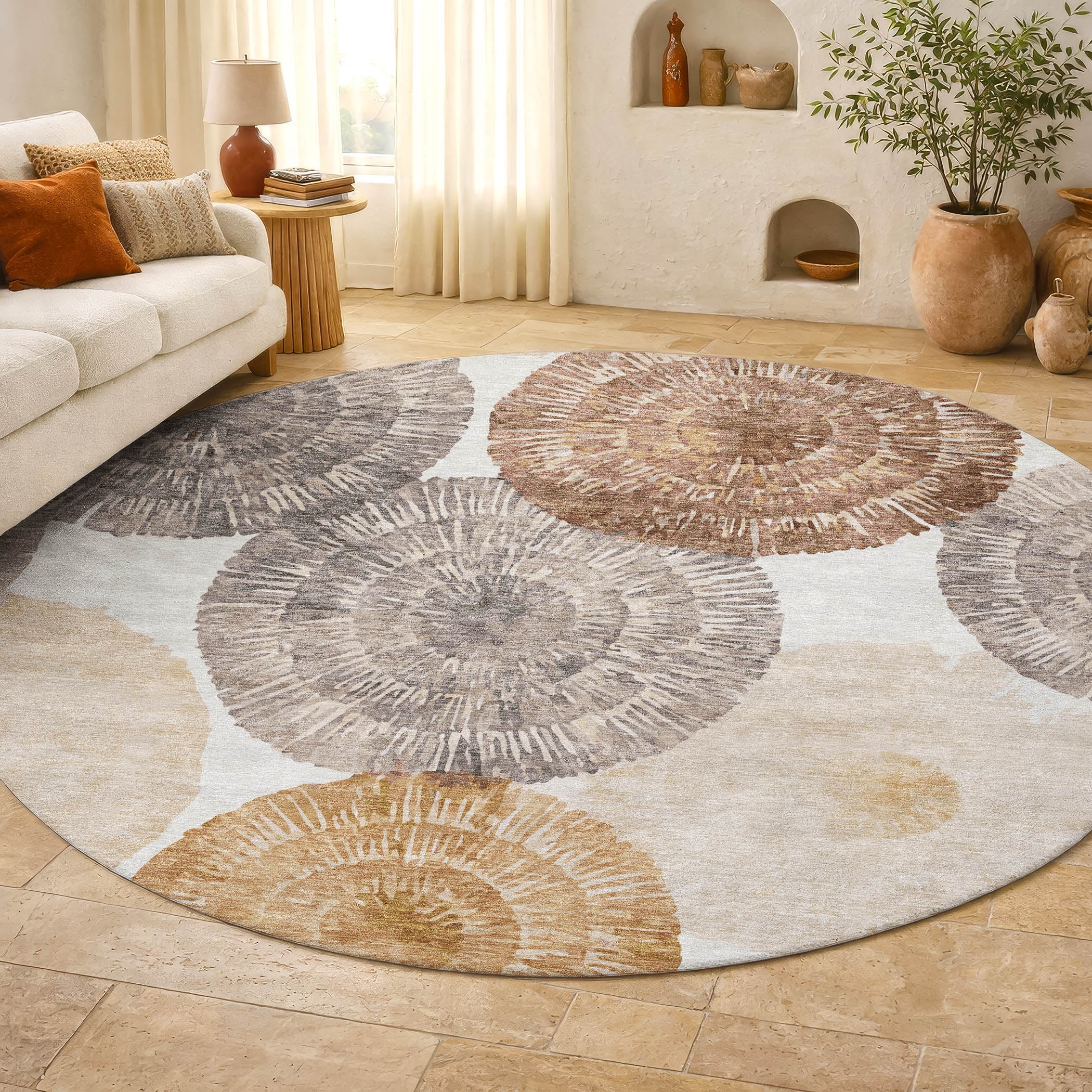 Vienna Machine Washable Transitional Copper Orange Rug 8' x 8' #shape_Round